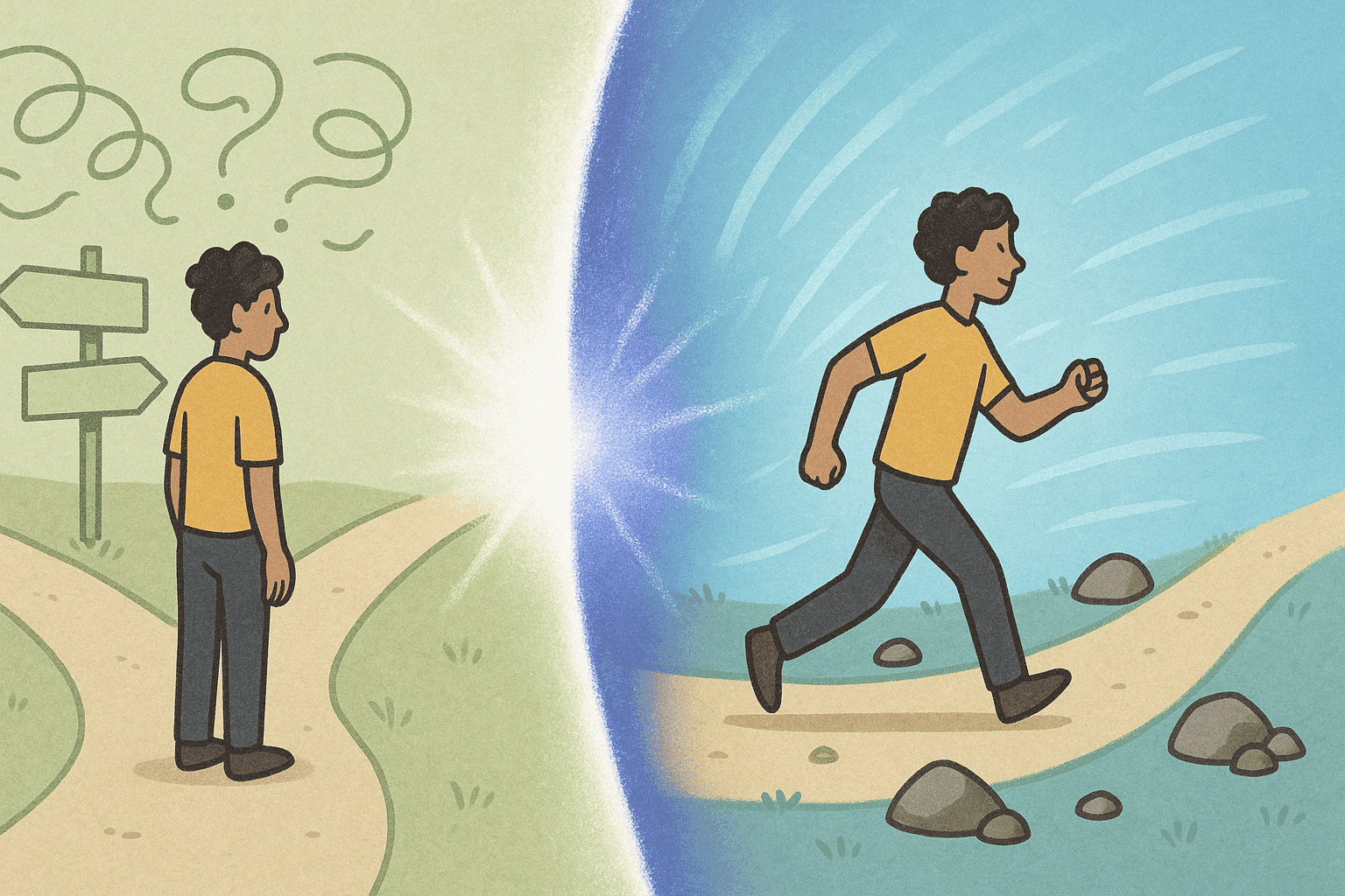 A person making up their mind and crossing the border into taking action