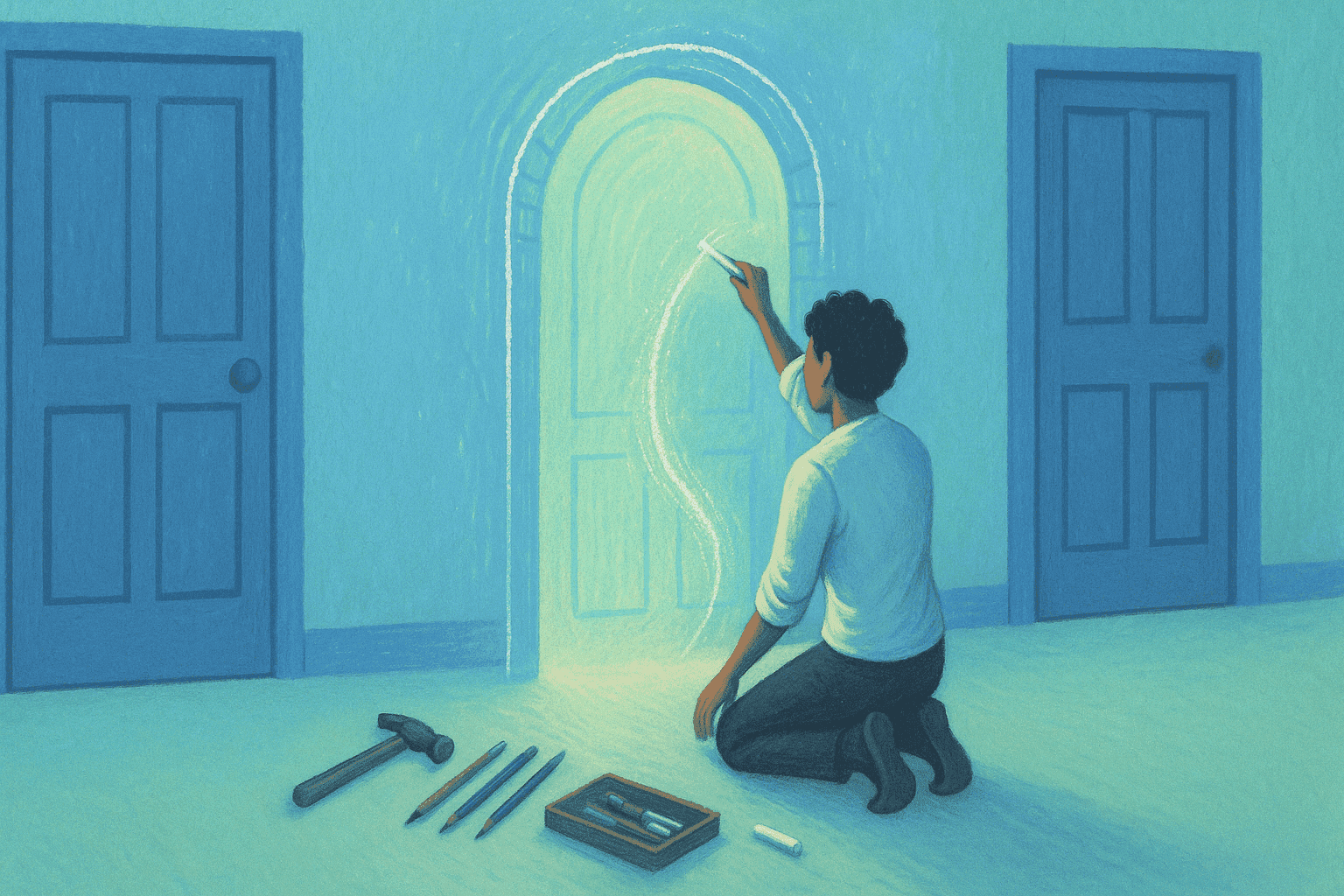 An image that shows a person confidently sketching their own unique doorway or portal on what was previously a blank wall