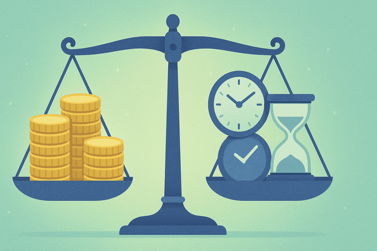 A scale with money on one side and a clock and hour glass on the other side