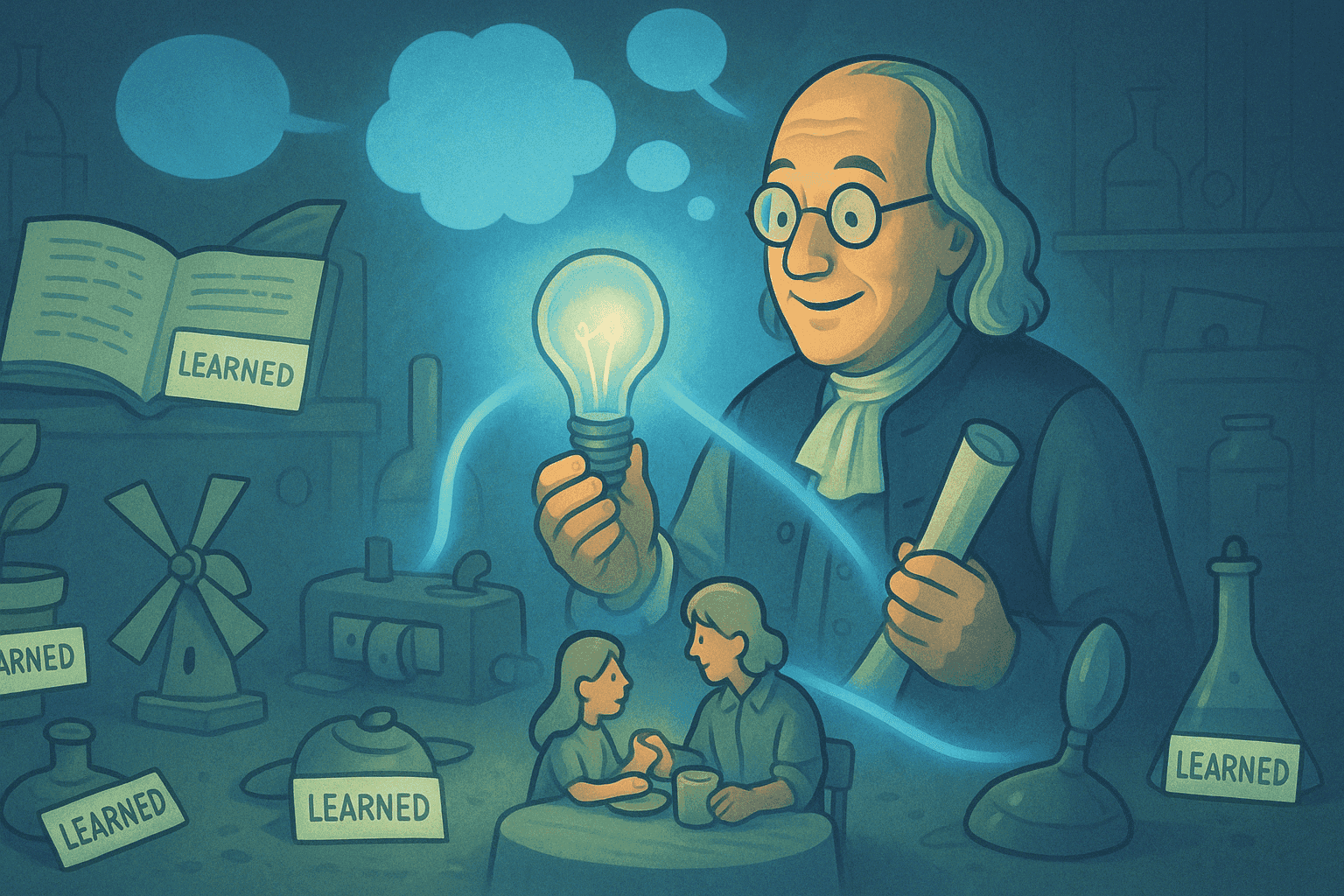 Benjamin Franklin surrounded by inventions