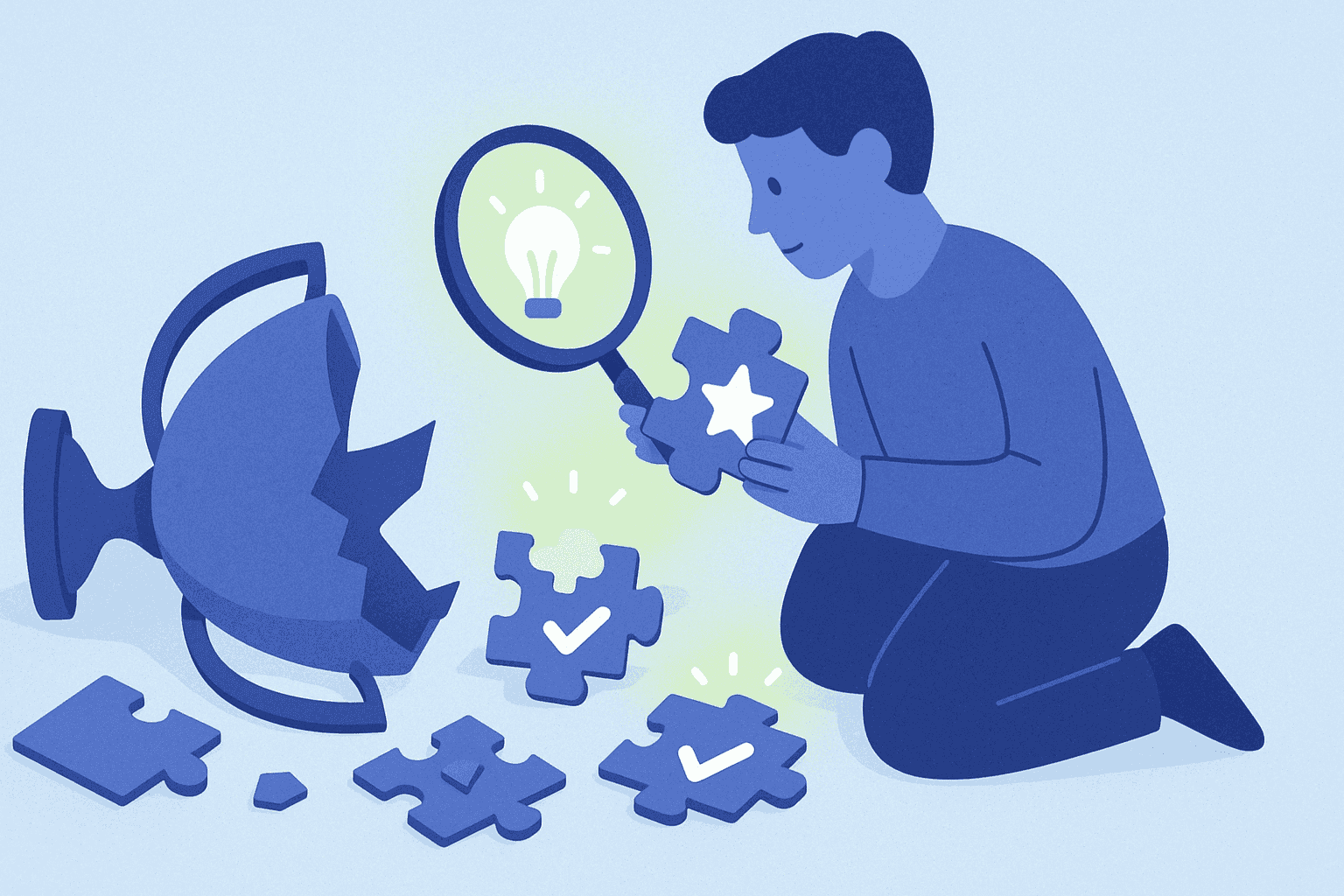 A person crouched in front of a broken trophy observing it and learning from the mistake