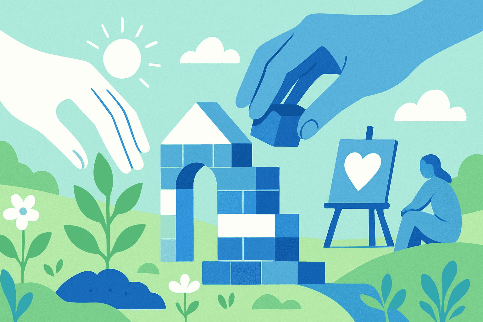 A depiction of the quote taken literally where someone is building happiness with blocks