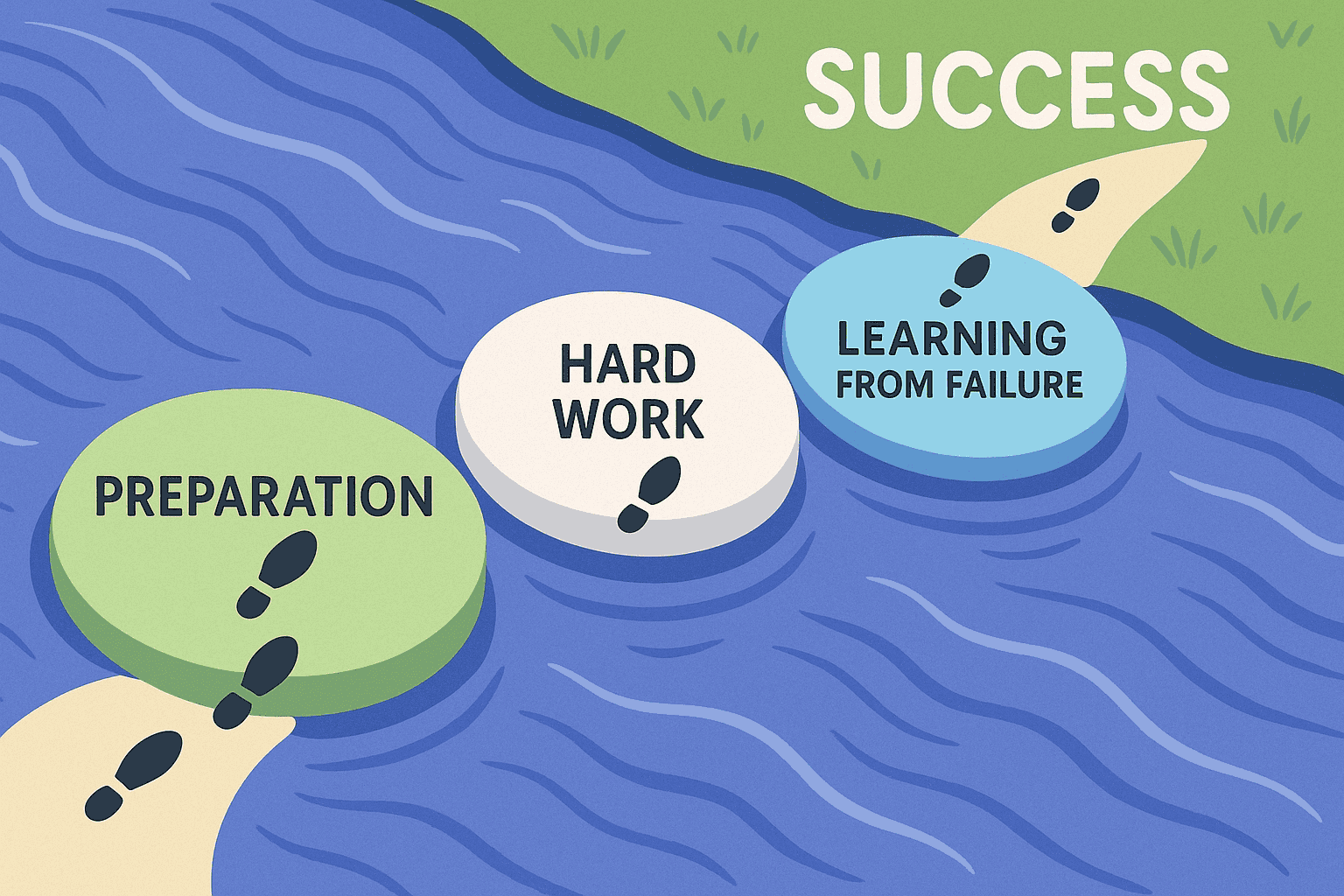 Stepping stones across a river leading to success