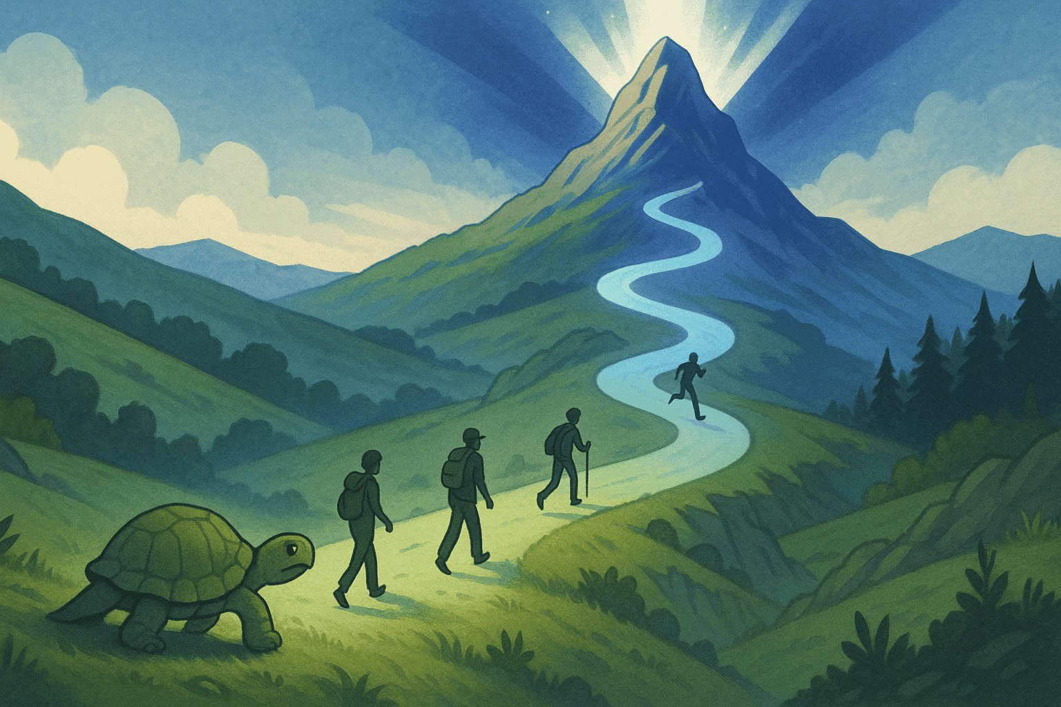 A person slowly gaining speed on a path, transitioning from walking to running