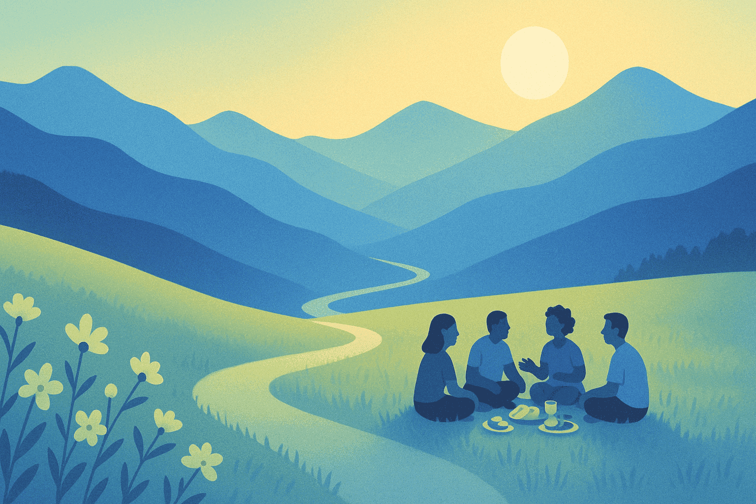 A group sharing a picnic on a tranquil hilltop with mountains in the background