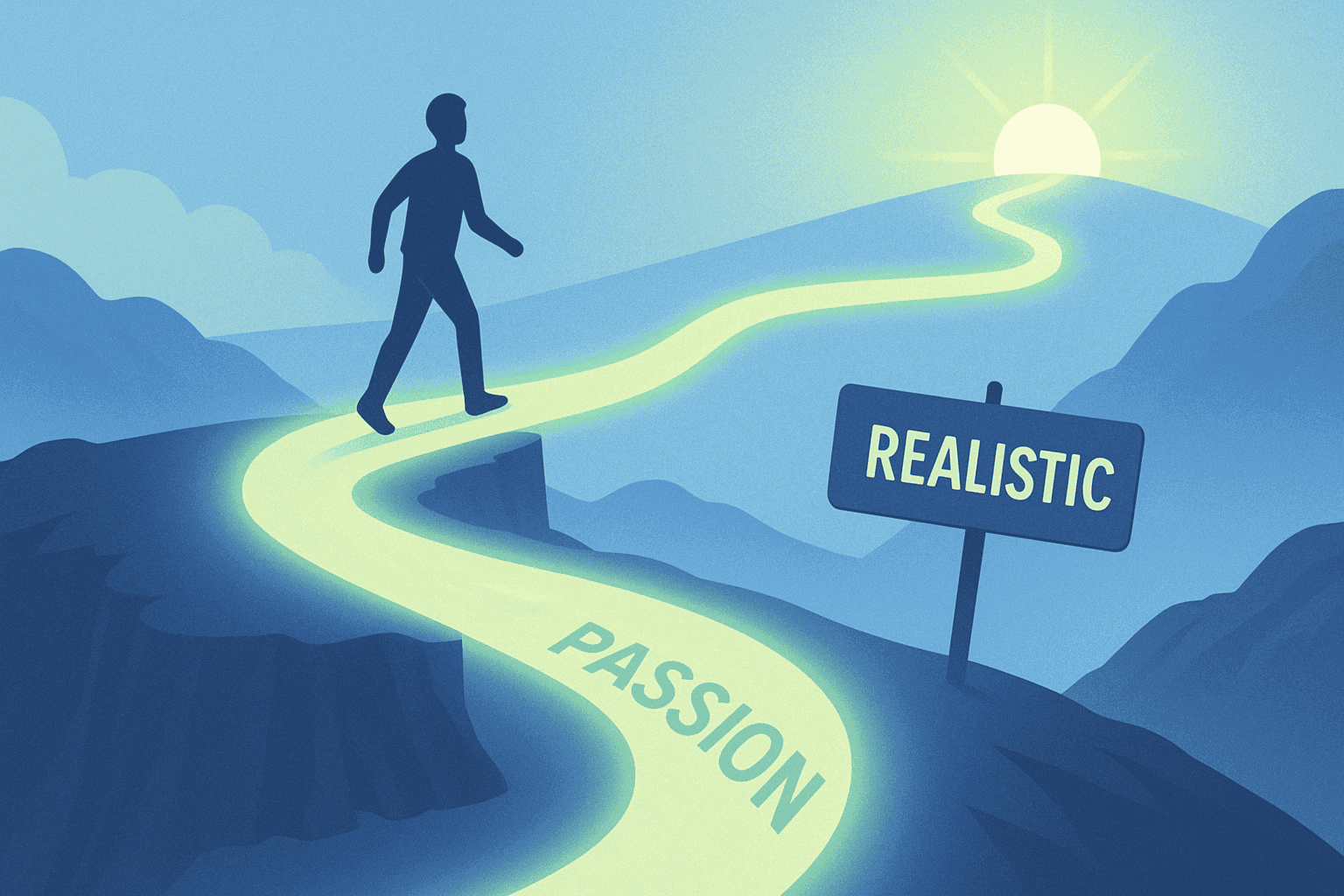 An inspiring image depicting a person following a glowing path of passion that winds through seemingly impossible or unrealistic terrain