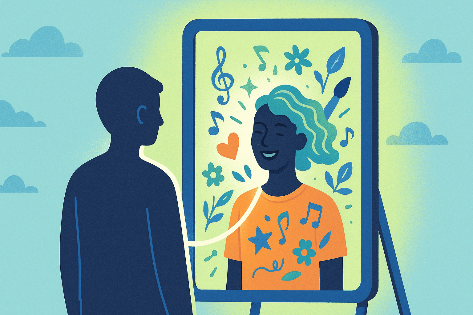 A person looking in the mirror to see a much more joyful expressive version of themself