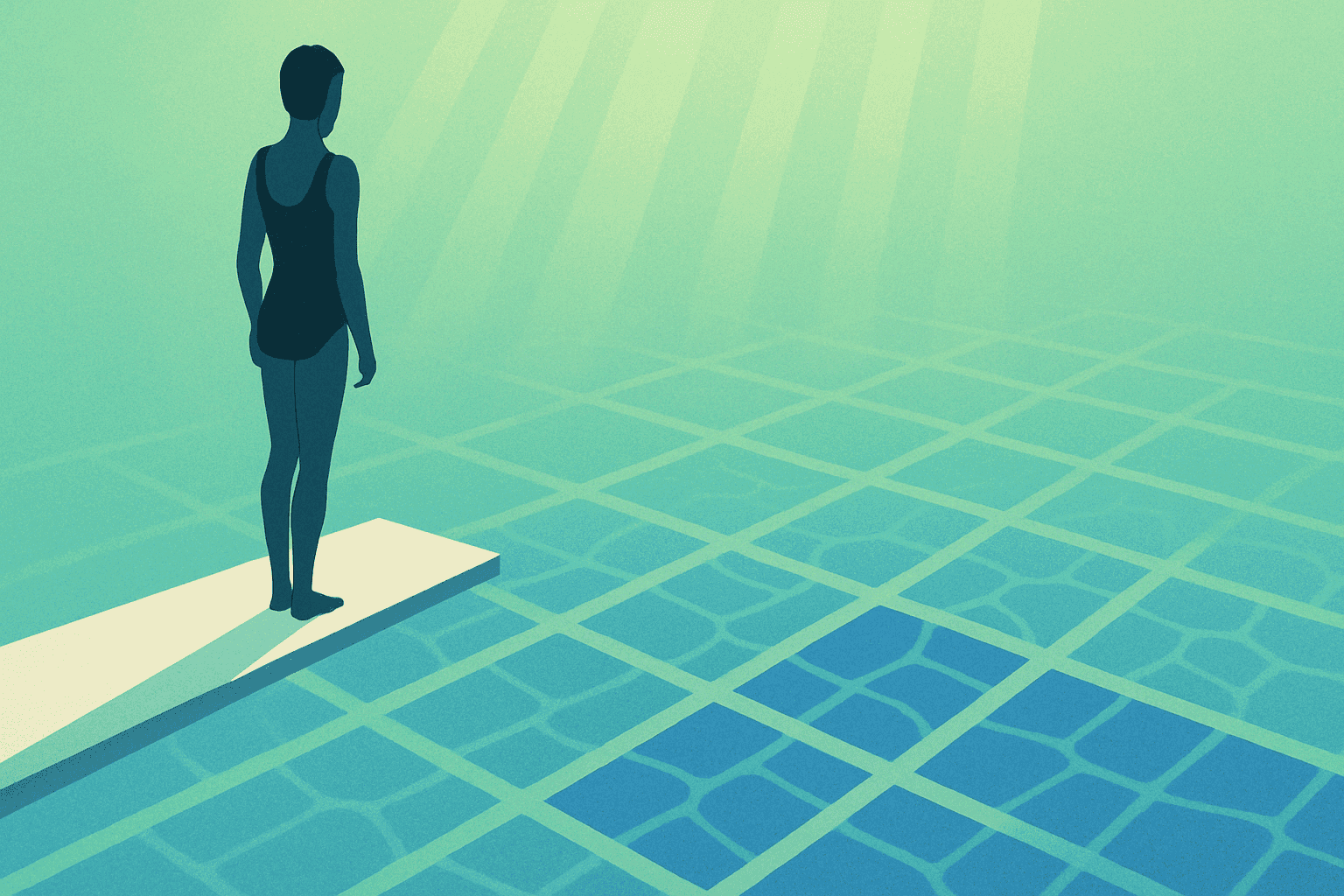 A person standing at the tip of a diving board