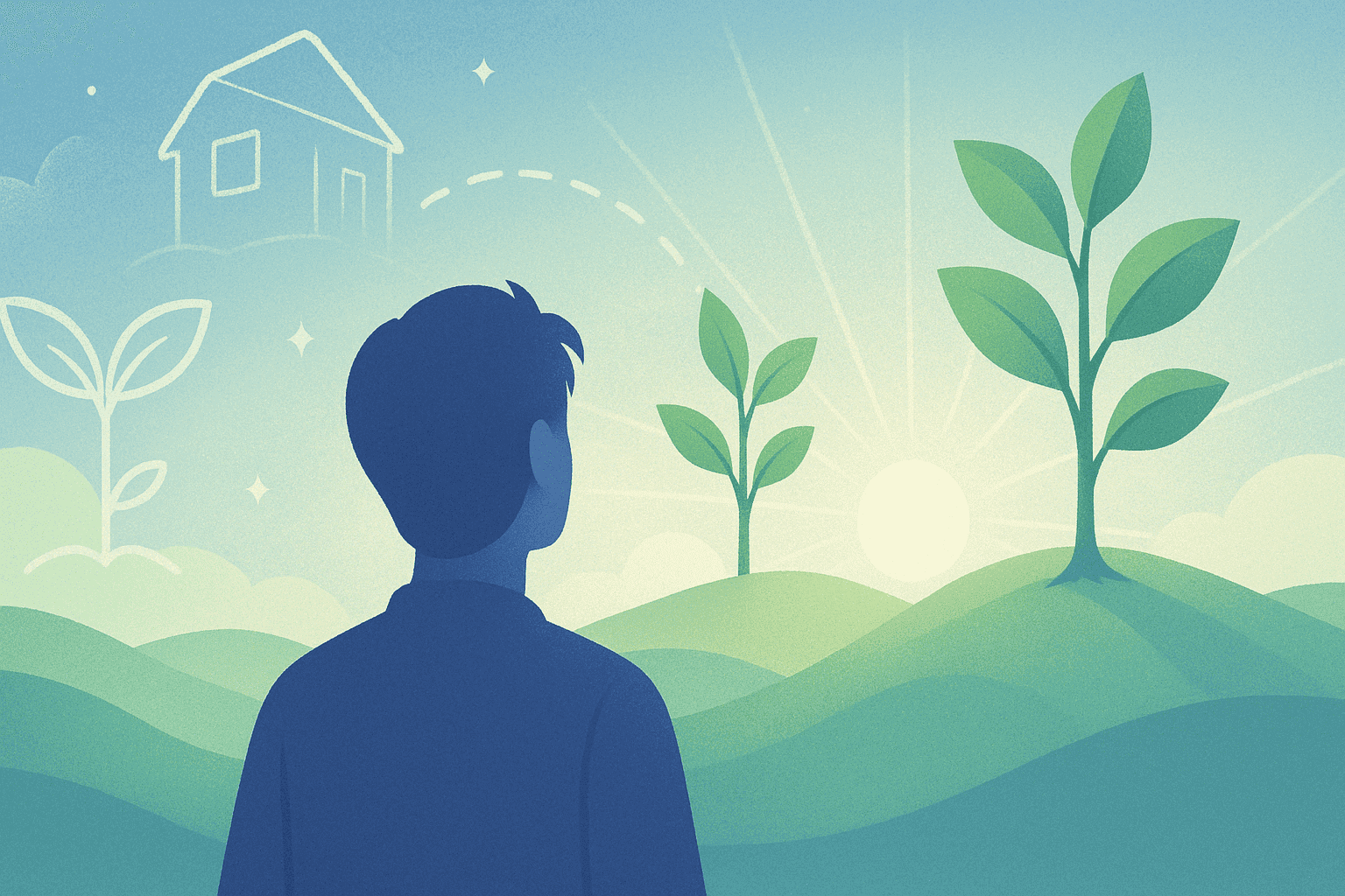 Image of a person looking at the sunrise or sunset with visualizations of dreams in the sky