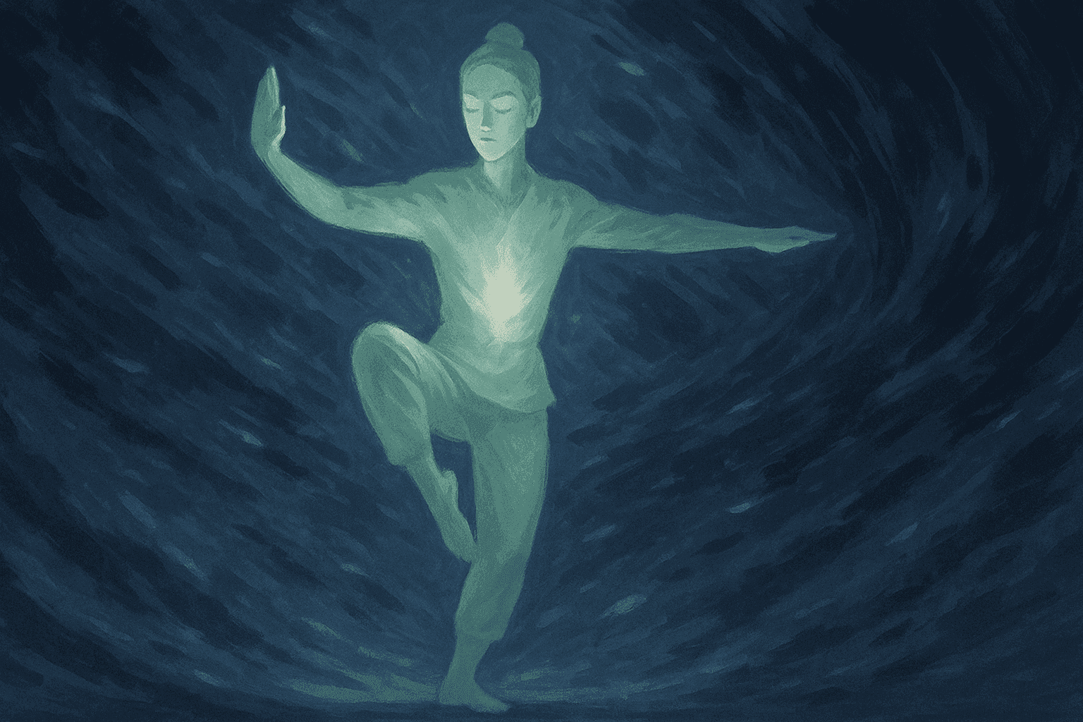 A ballerina or martial artist holding a graceful pose in spite of external pressures