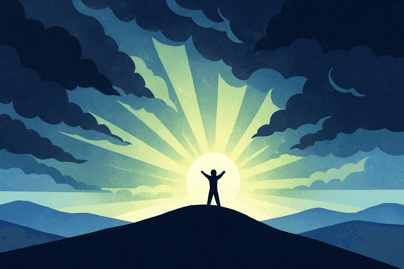 Dramatic image of a person at the top of a mountain with the sun rising behind them