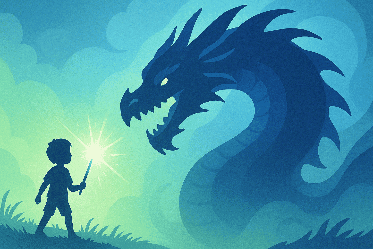 Image of small child with a torch facing a dragon