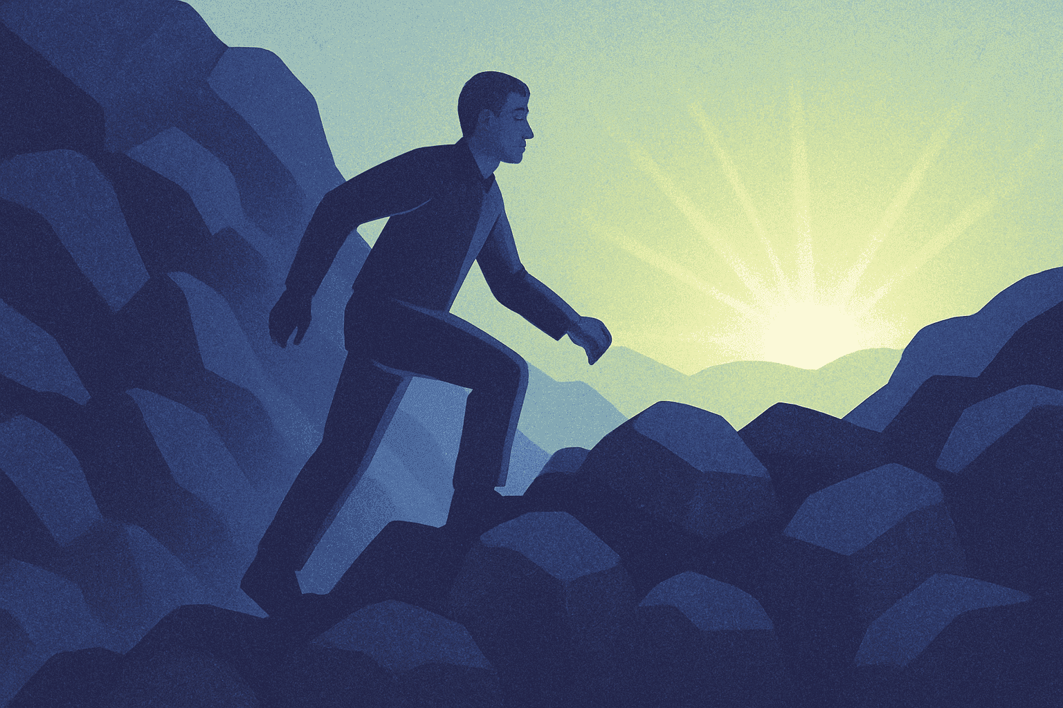 An inspiring image showing a person continuing to climb or journey forward despite facing significant obstacles