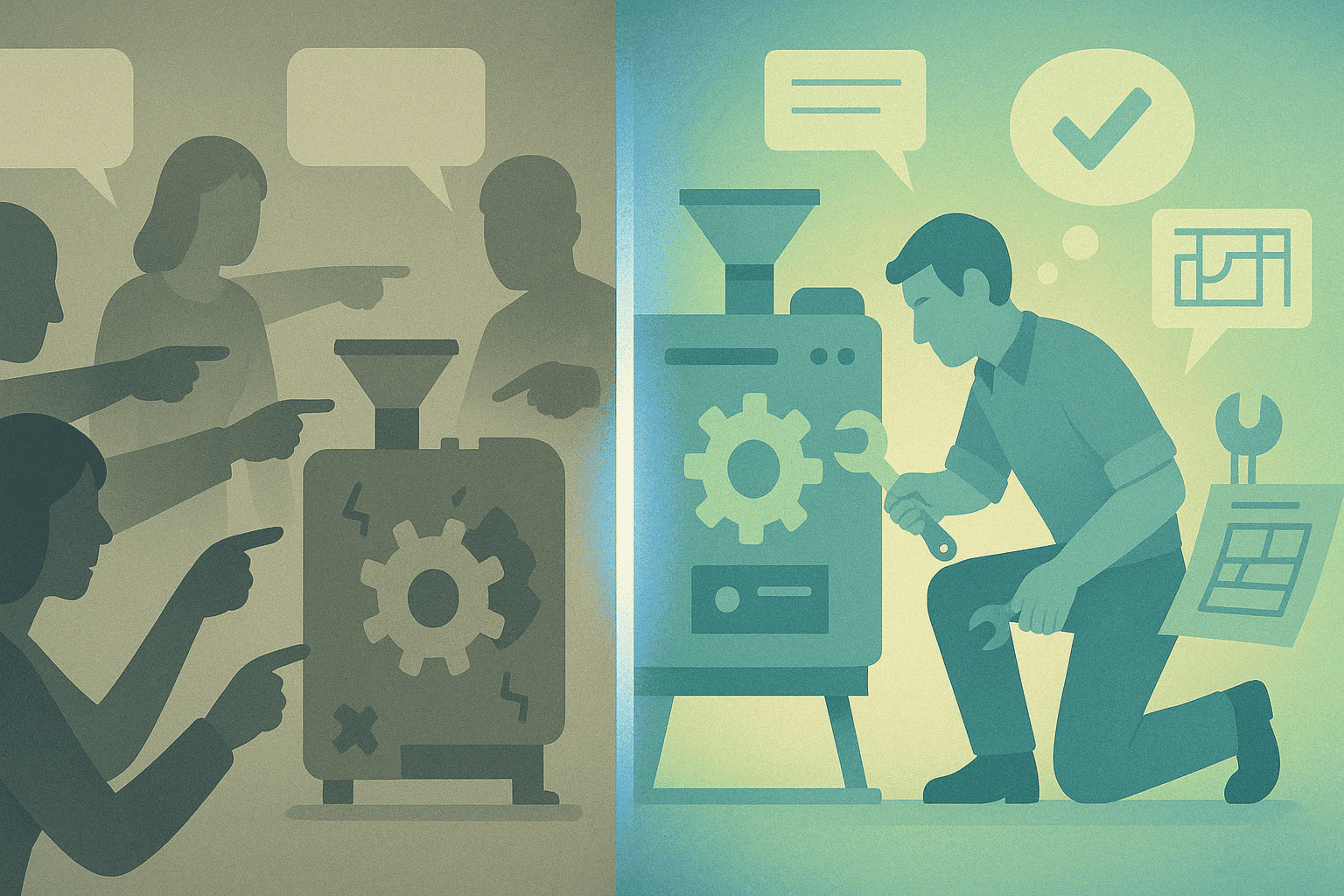 A split image where people are pointing at a problem in one while a person solves it in the other