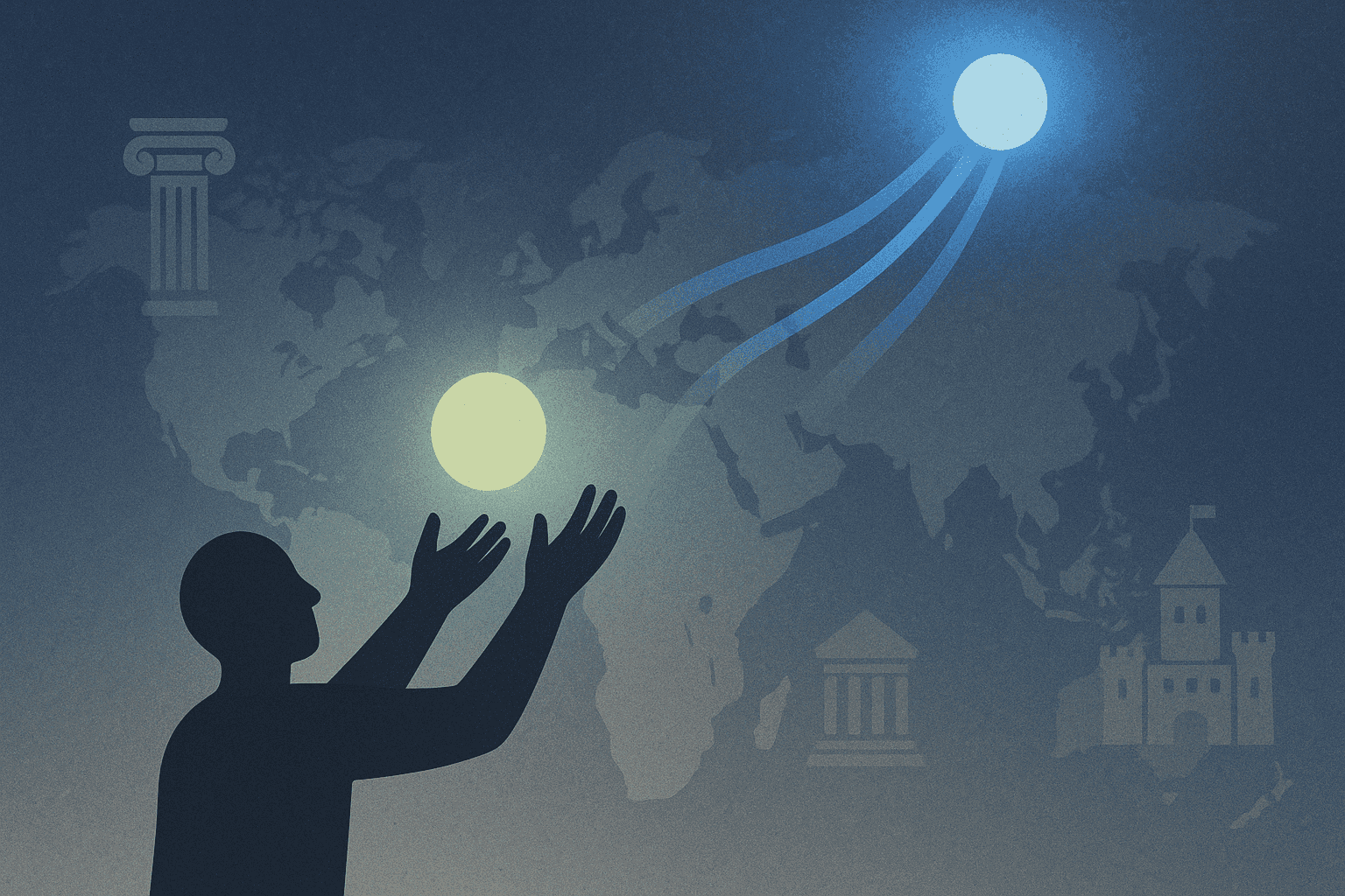 A glowing orb representing an idea leaving the hands of an individual to spread to the world