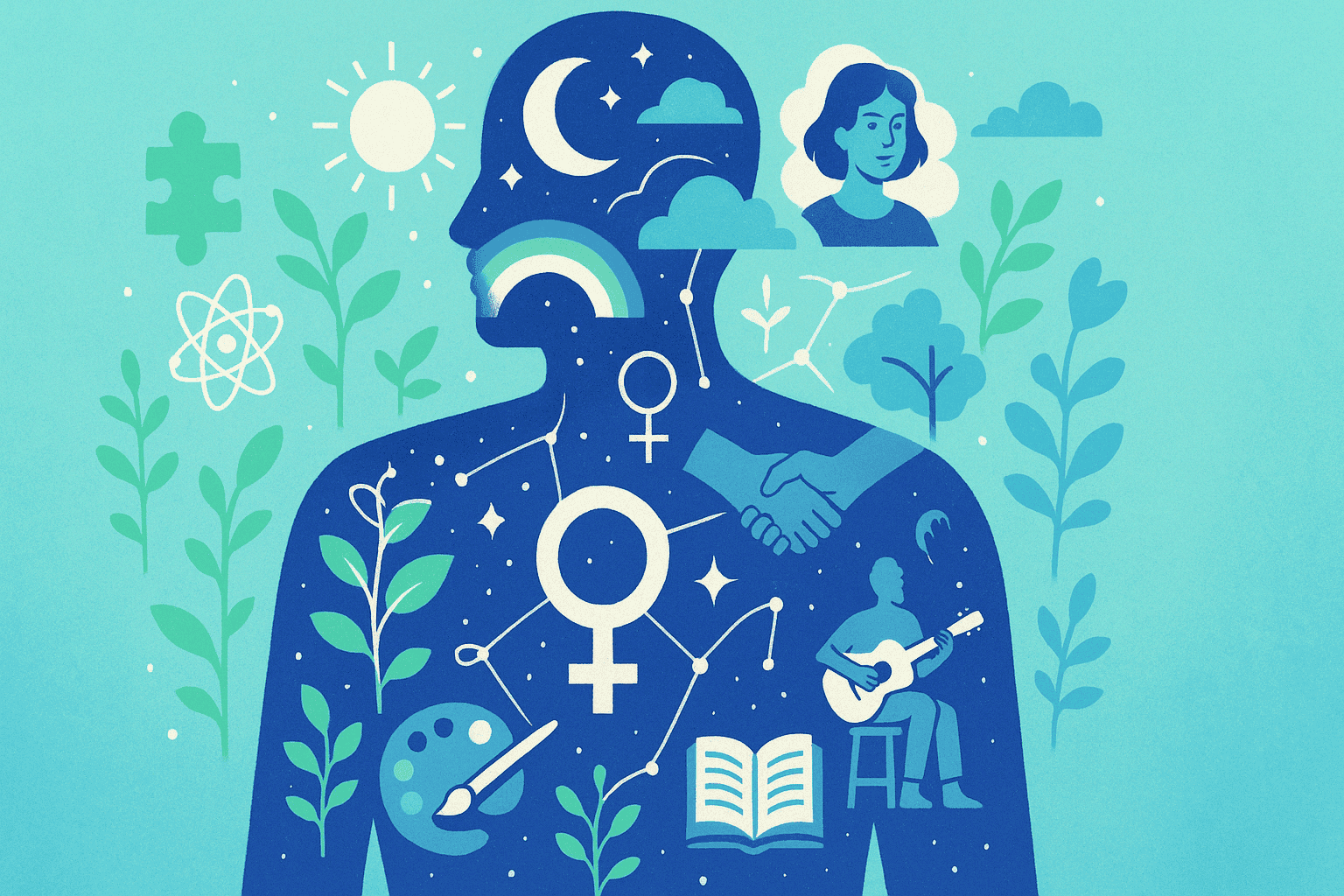 An expansive, magical image showing a single person whose silhouette contains within it a diverse universe of possibilities, interests, and identities