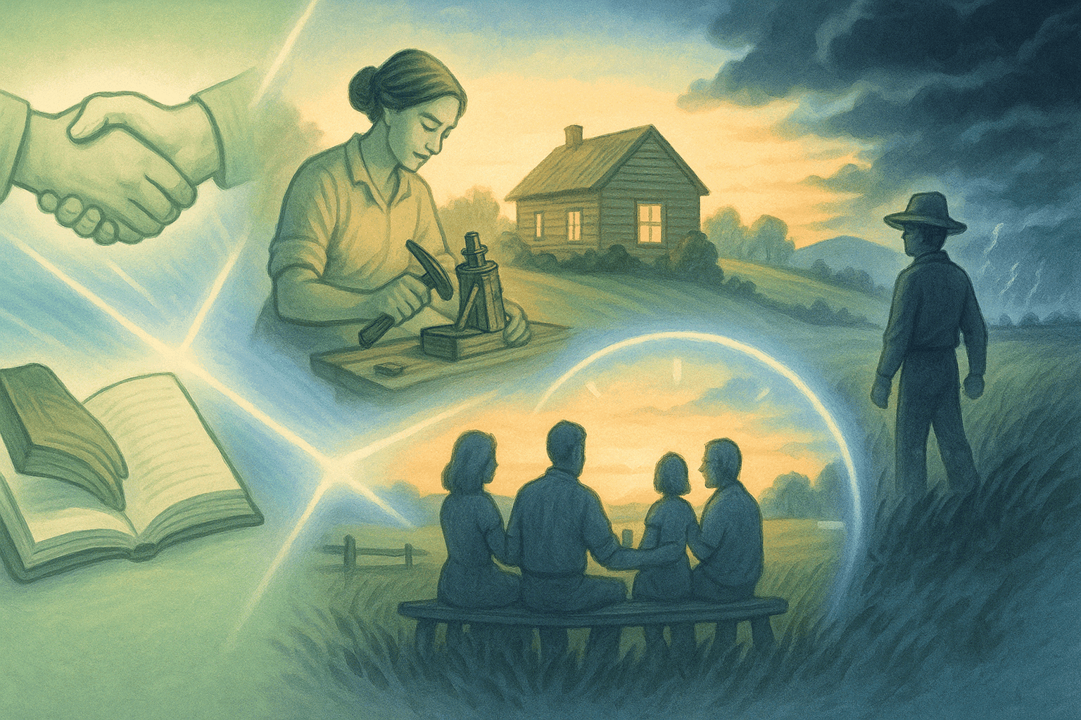 A visual collage of different virtues and values personified