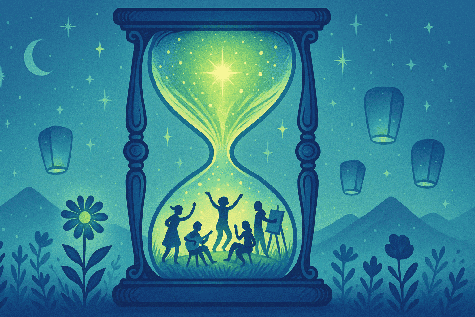 Night scene with a large illuminated hour glass with people dancing in the base