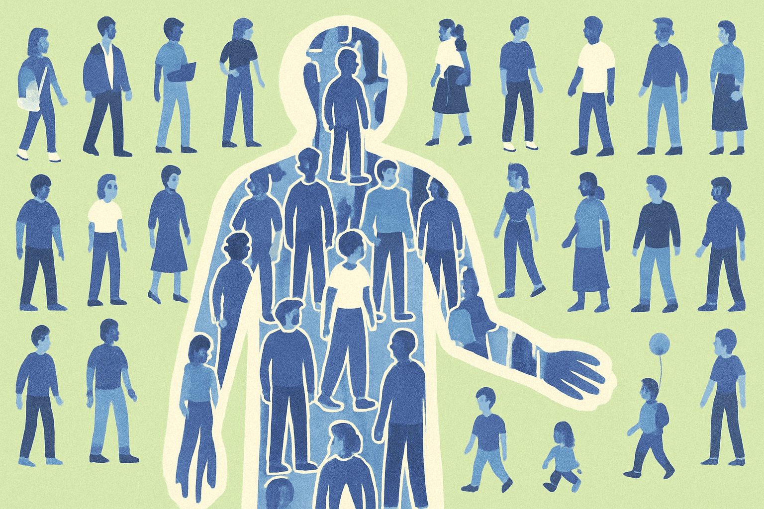 An image showing many distinctly individual figures arranged in a pattern that reveals they collectively form a larger unified human