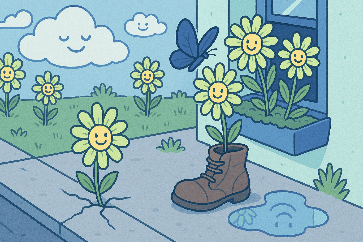 An image of flowers rising from cracks in concrete