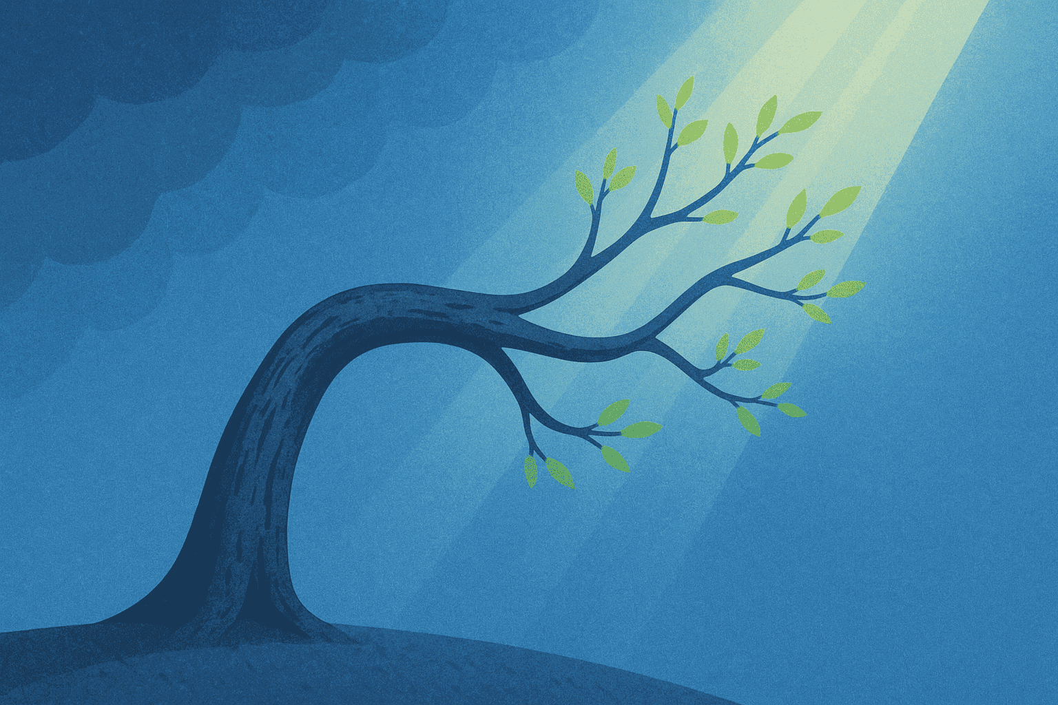 A tree that is bent but still standing and thriving in the light