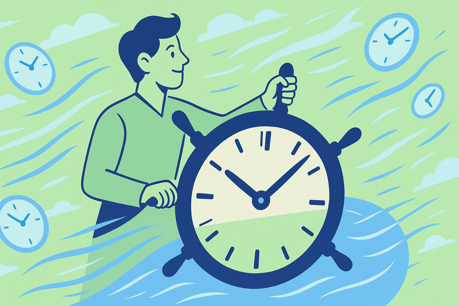 Image of a person navigating with a ship's wheel that is also a clock