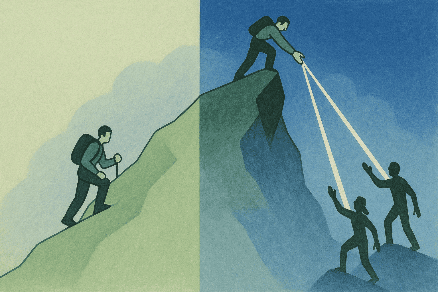 A person climbing to the mountaintop before turning to help others ascend