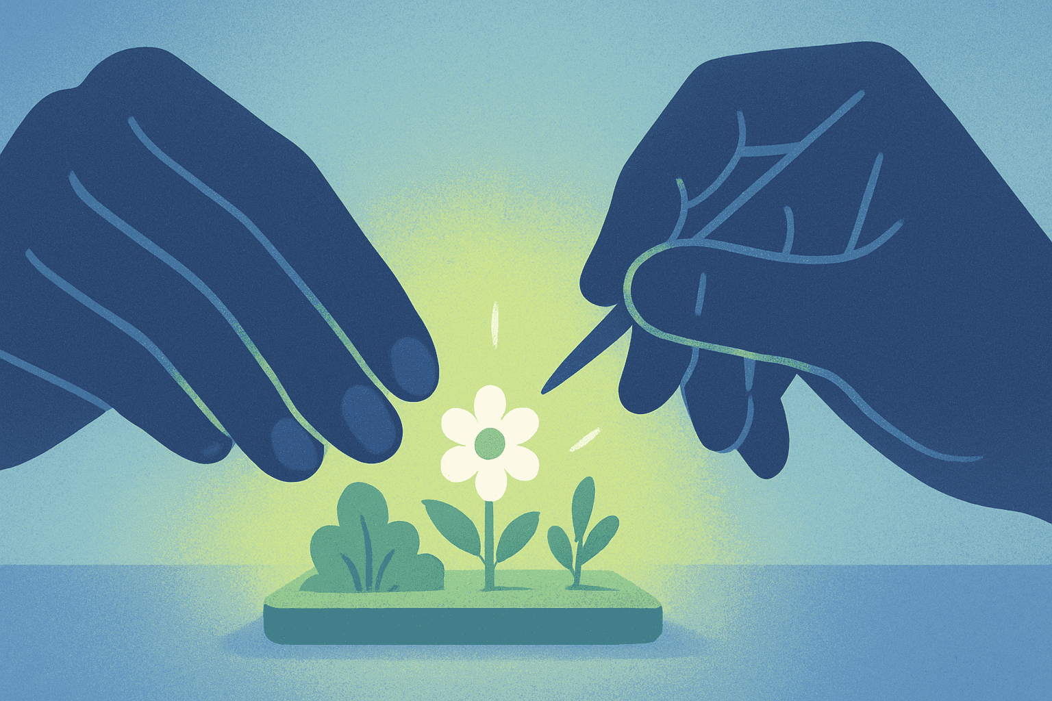 A visual metaphor showing hands carefully crafting a small garden