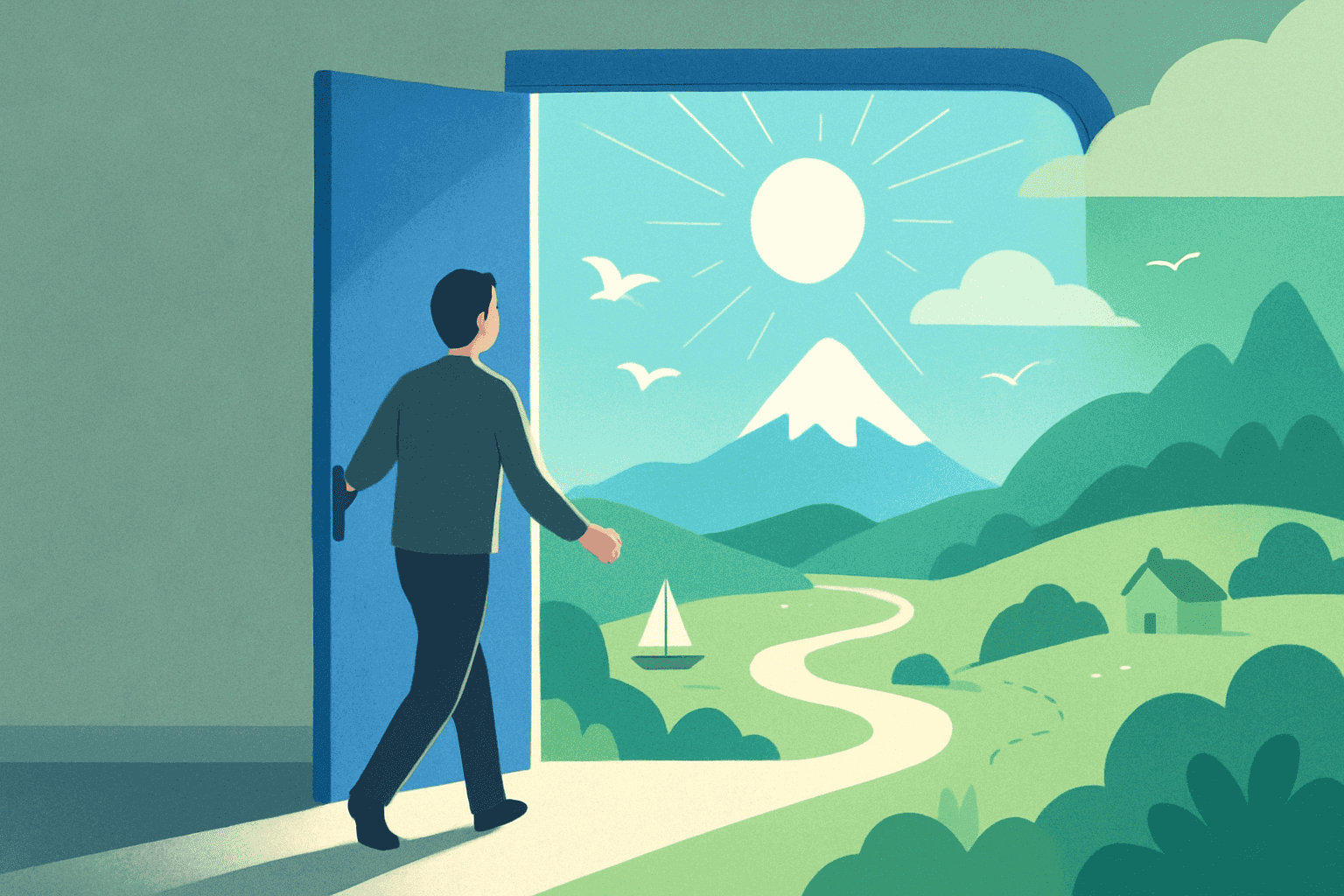 A person opening a door into a magical dreamlike reality