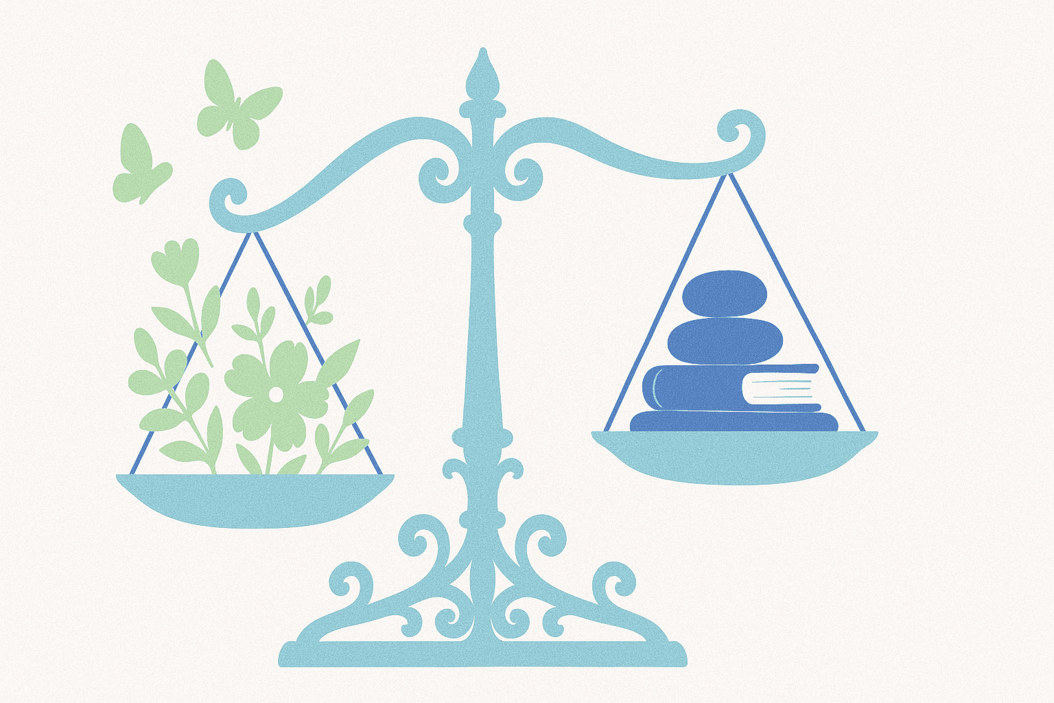 Image of a scale with books on one side and plants on the other