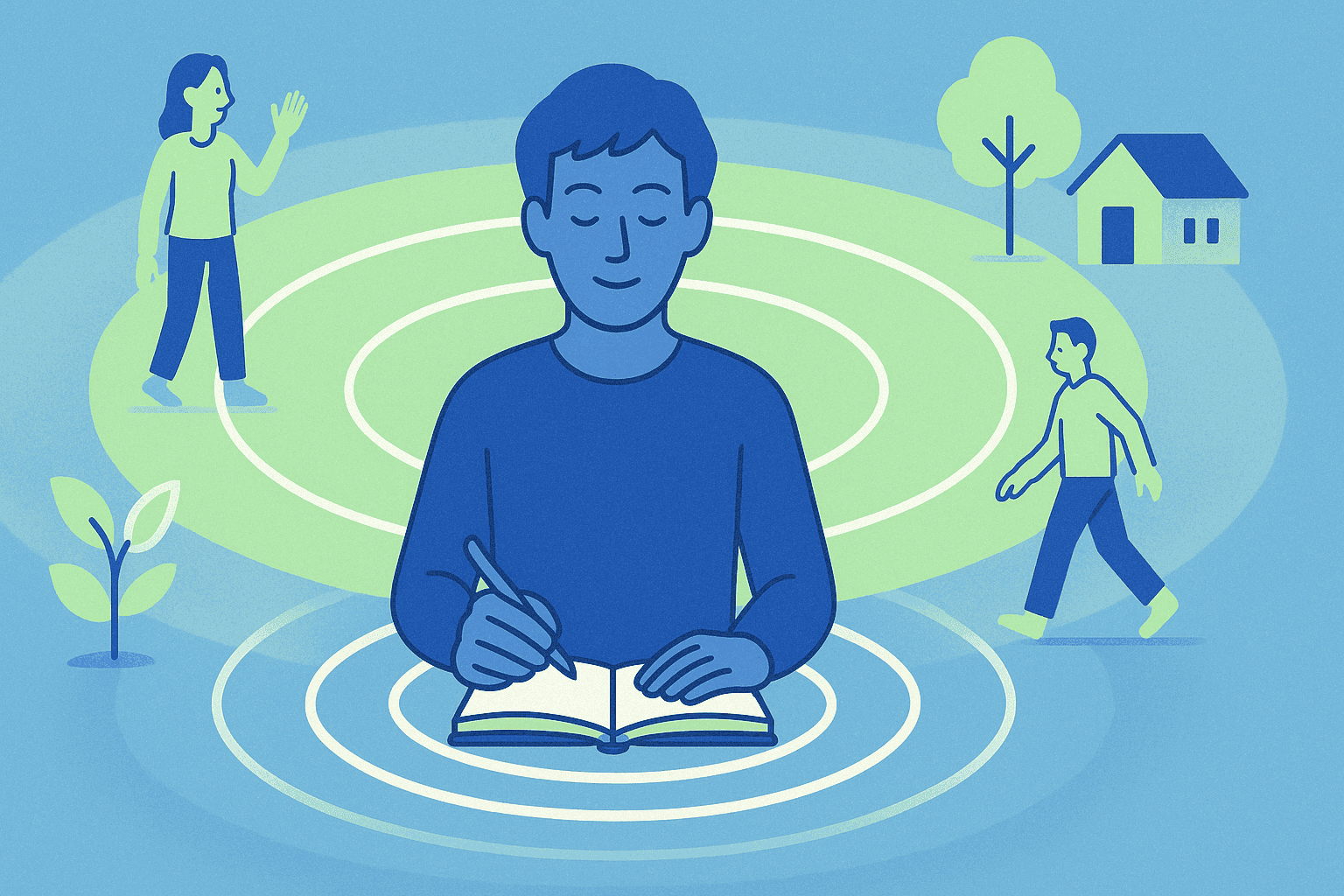  A metaphorical image showing a person engaged in self-improvement with visible ripples of positive change emanating outward to transform their surroundings