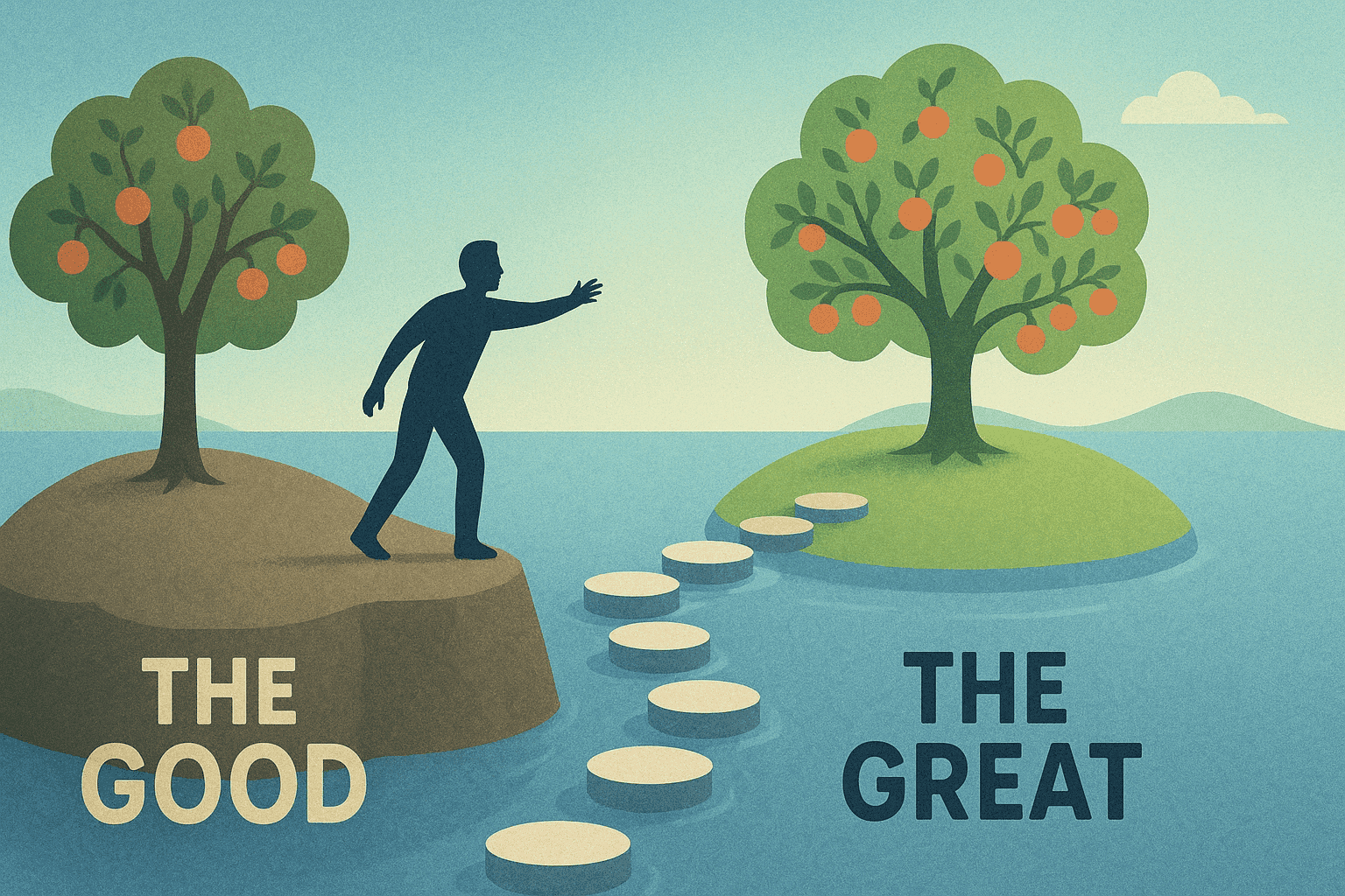 A man on an island with a fruit tree, reaching for a fuller fruit tree on the next island over