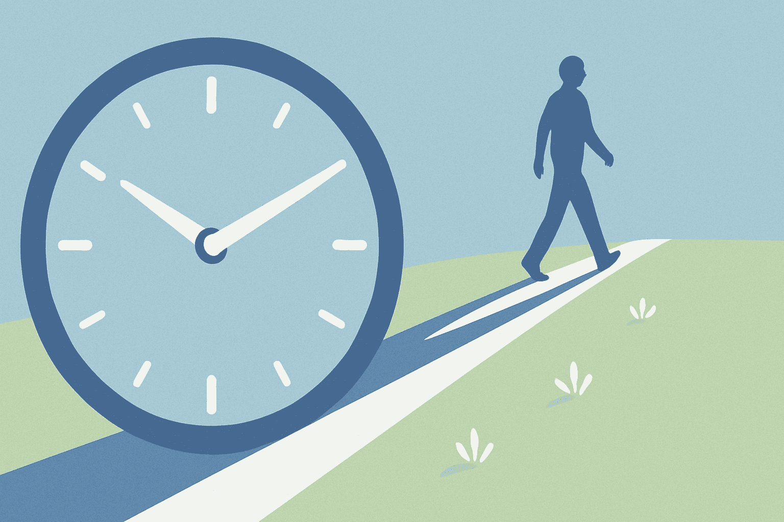 A person walking with a large clock in their shadow