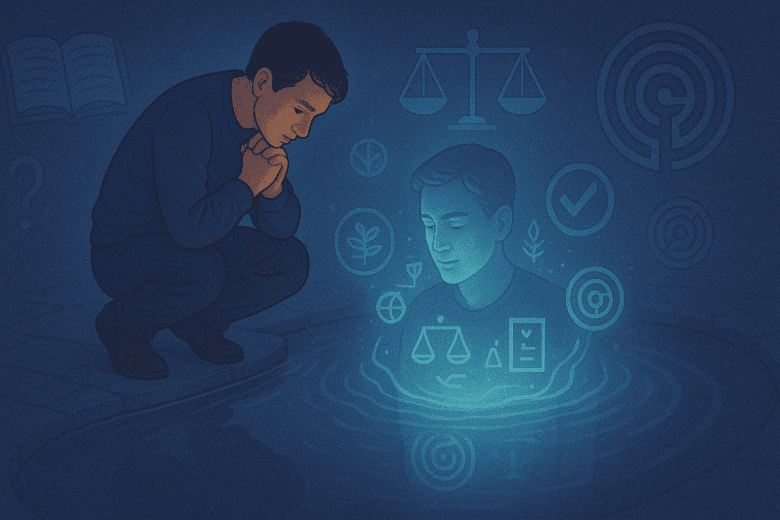 A person looking down on to a projection of themself, implying self reflection