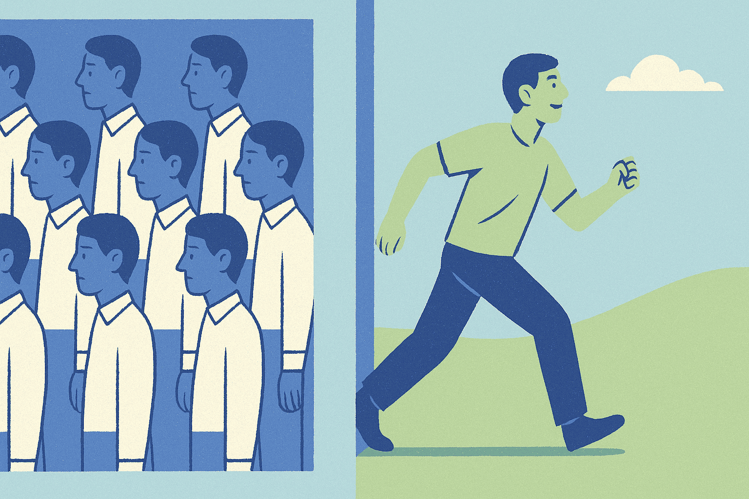 Image of a person going their own way instead of joining the group