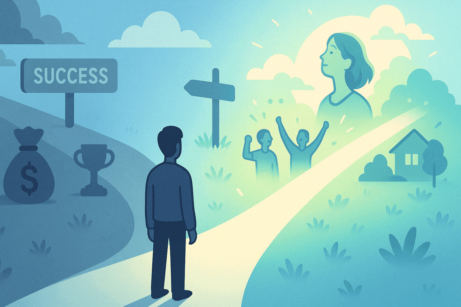A person at a crossroads with success in a gloomy lefthand side, and a joyful scene of happiness on the right side