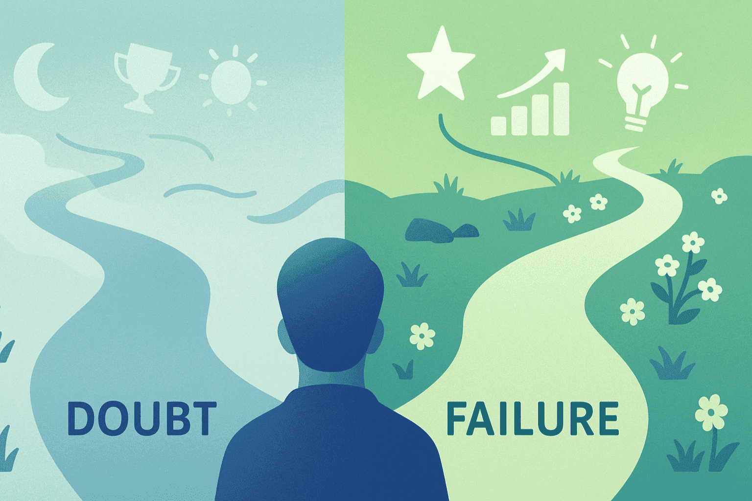 Image of a person at the crossroads between doubt and failure