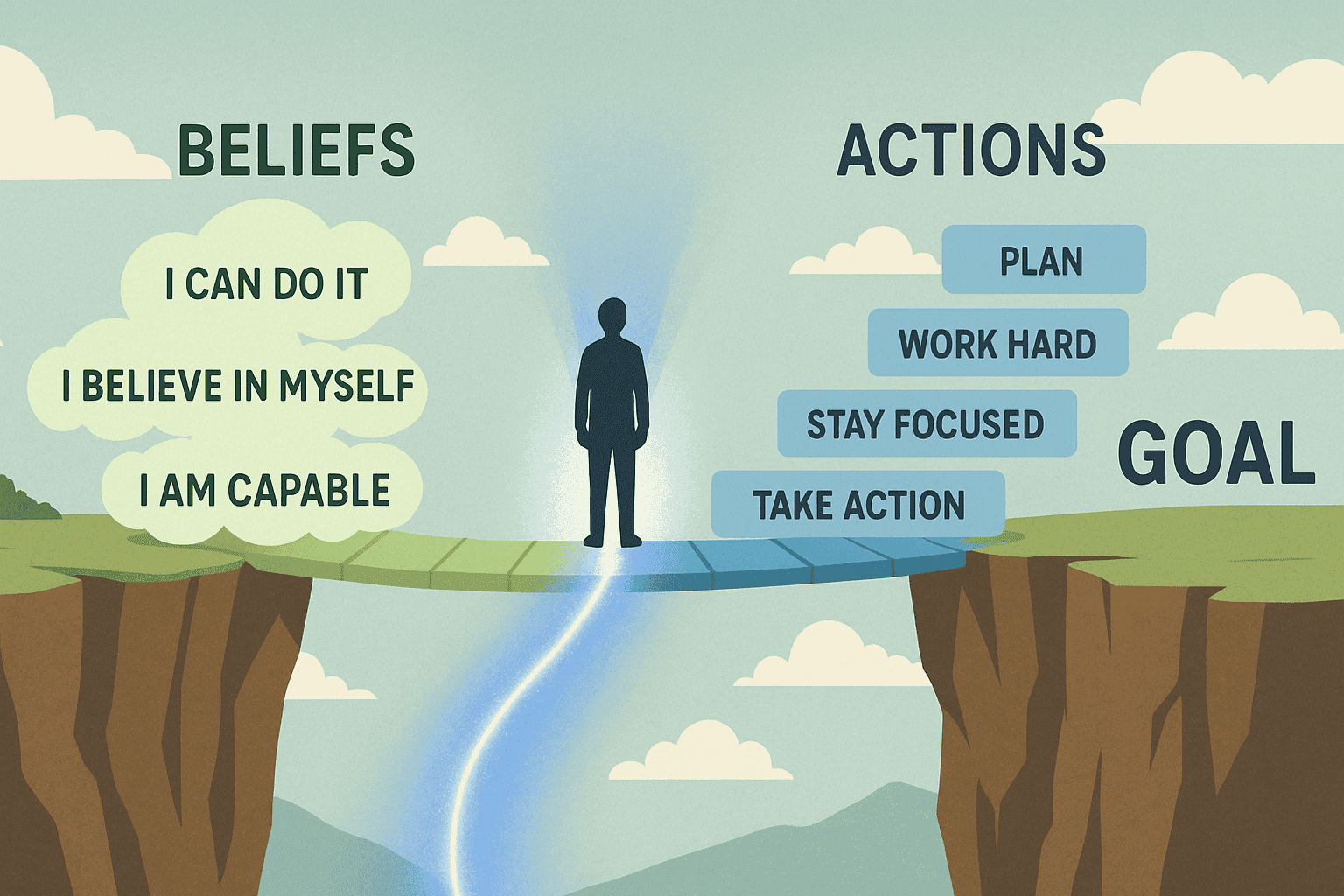 A person crossing a bridge towards their goals