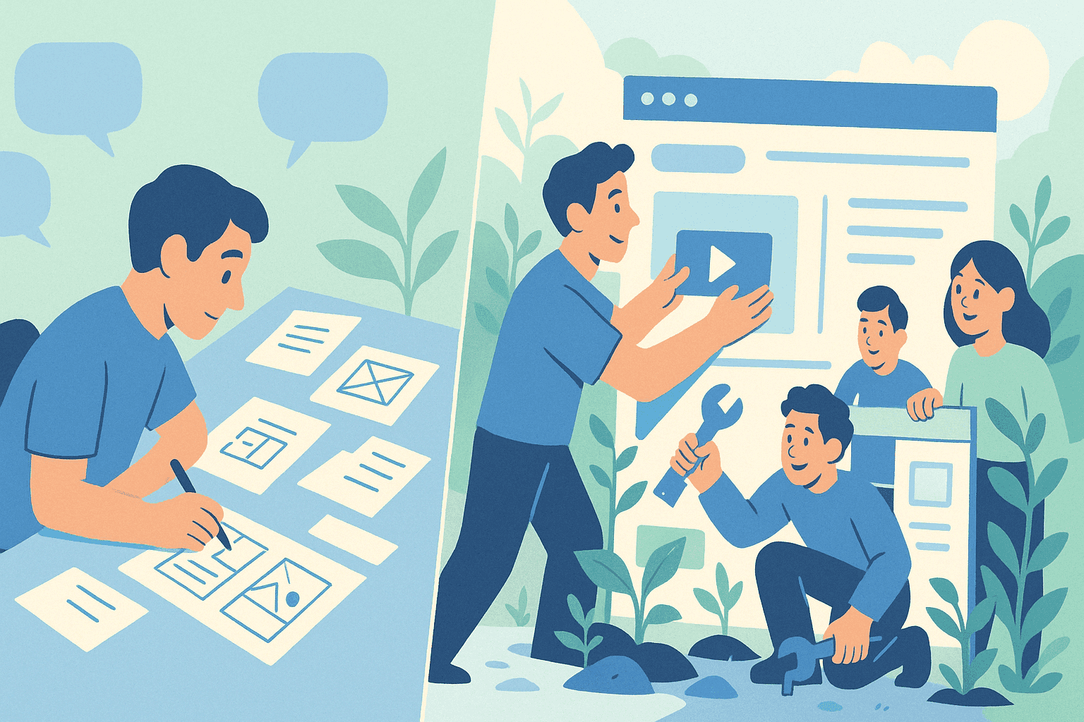 Split image of someone drafting their idea versus putting it into action