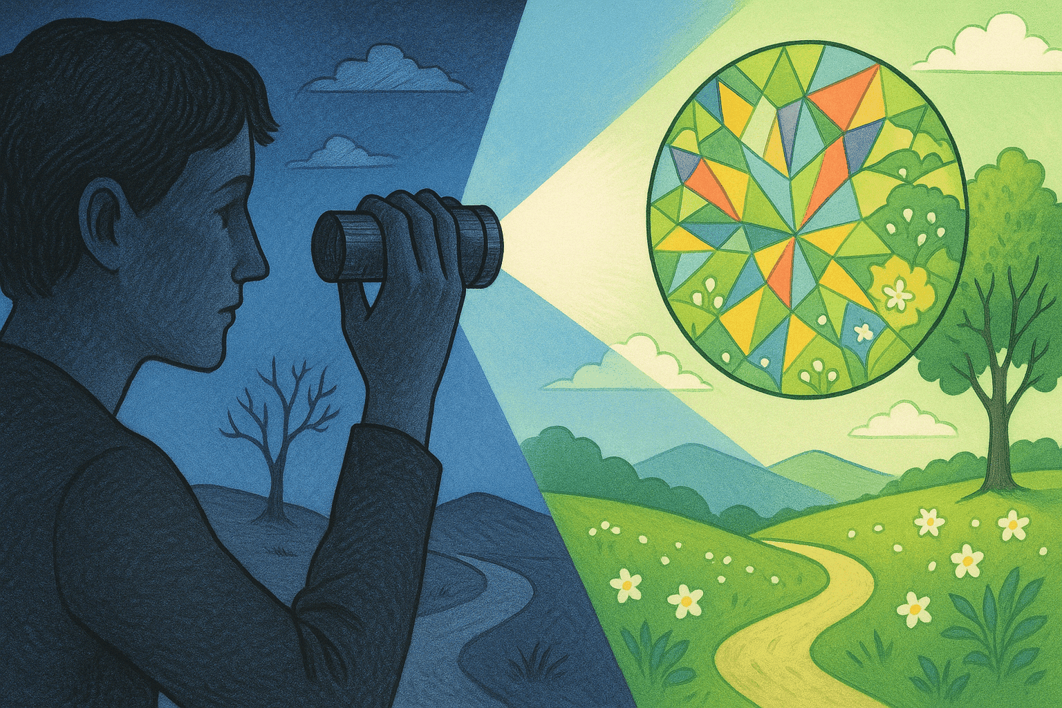 An image showing a person holding a kaleidoscope or prism through which they're viewing the world,