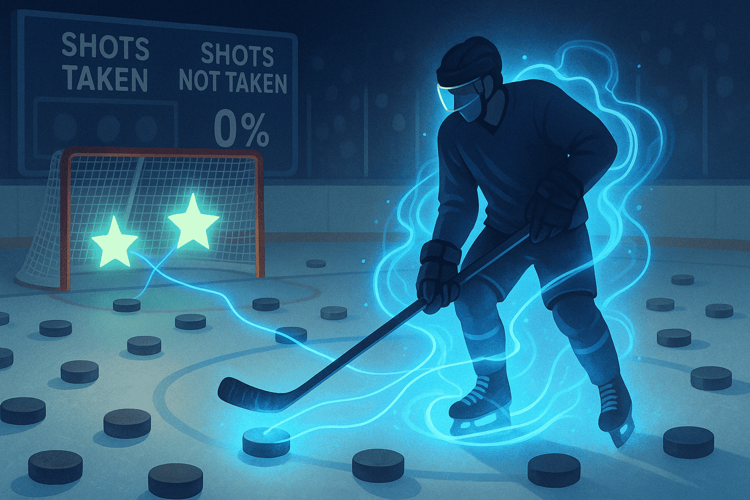 A glowing hockey player on the rink