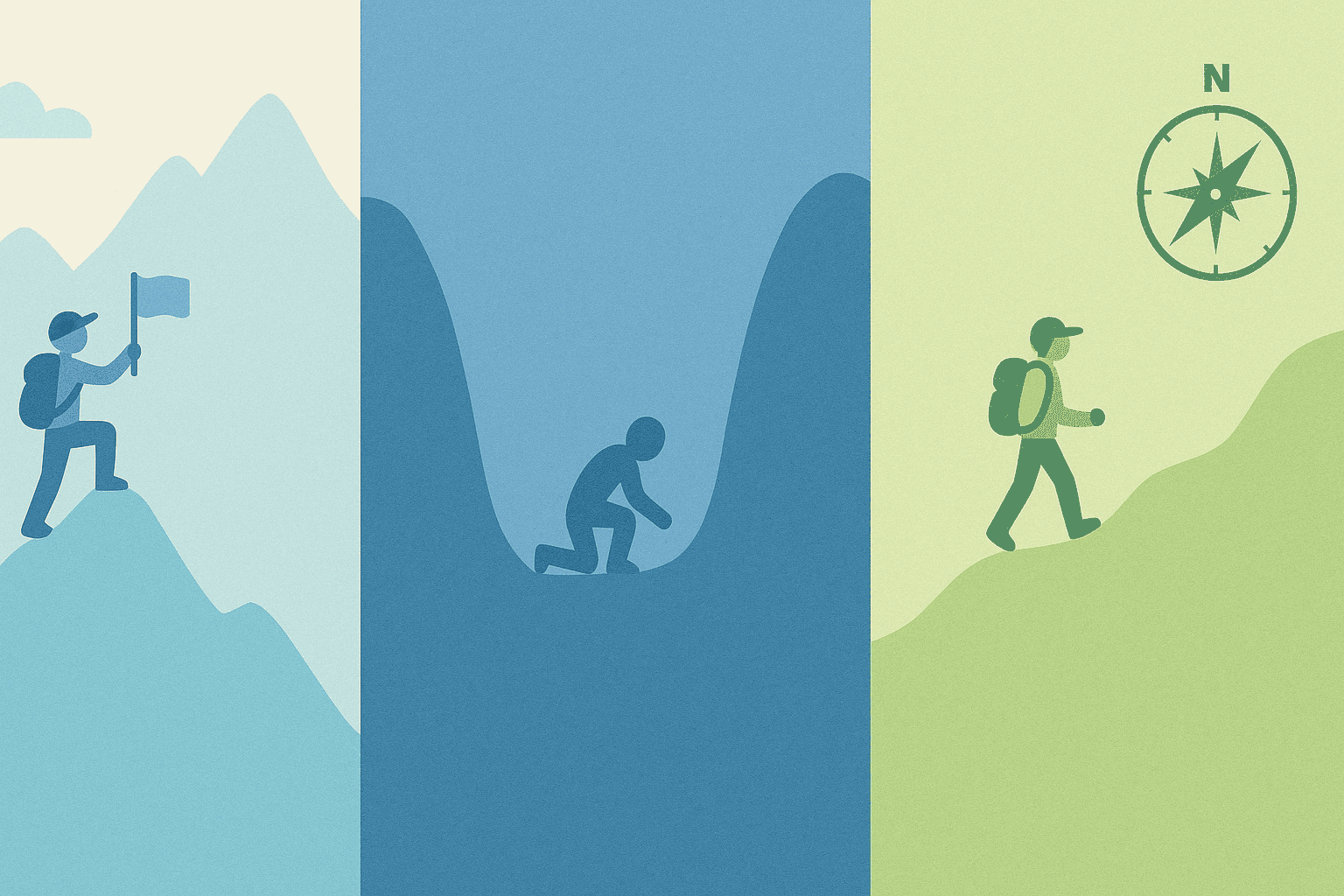 A triptych depicting high and low phases of a journey