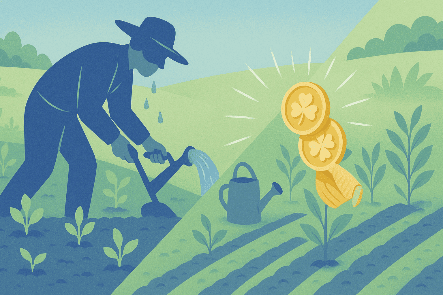 A farmer tending a field with coins coming out of it