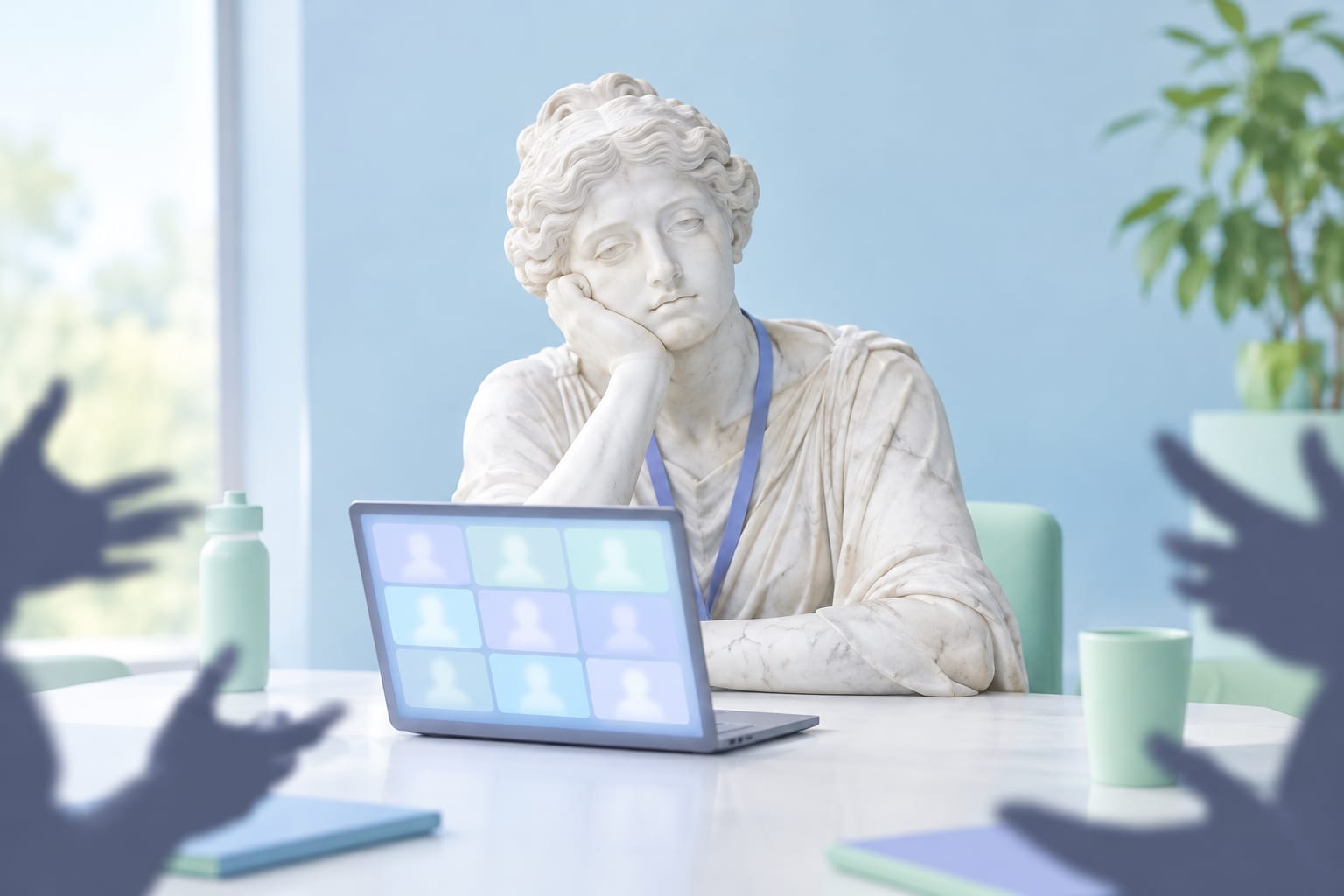 Epicurus, unimpressed by a calendar invite titled Quick Sync, considers the garden a better conference room.
