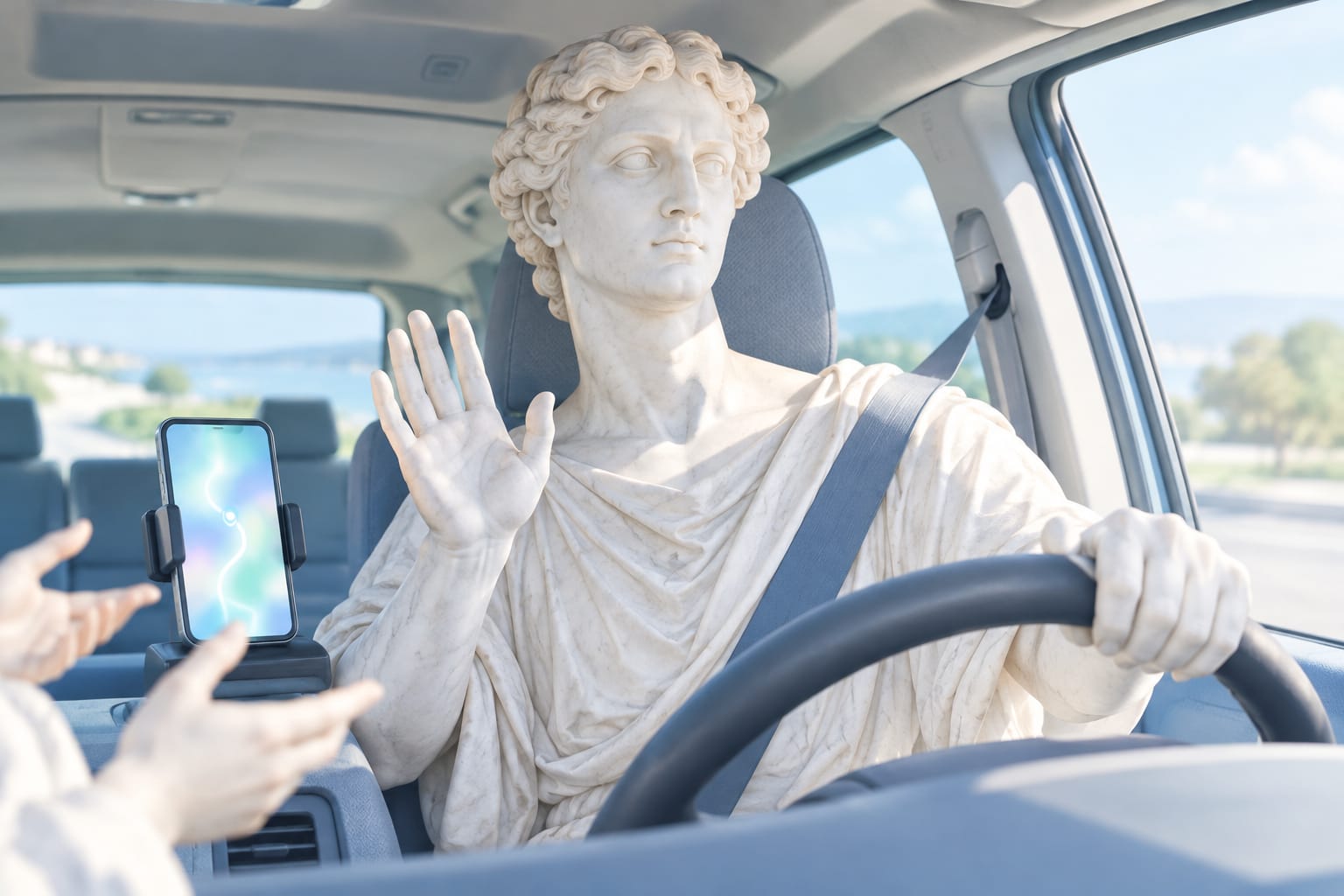A road map, a phone with GPS, and a man convinced he needs neither.