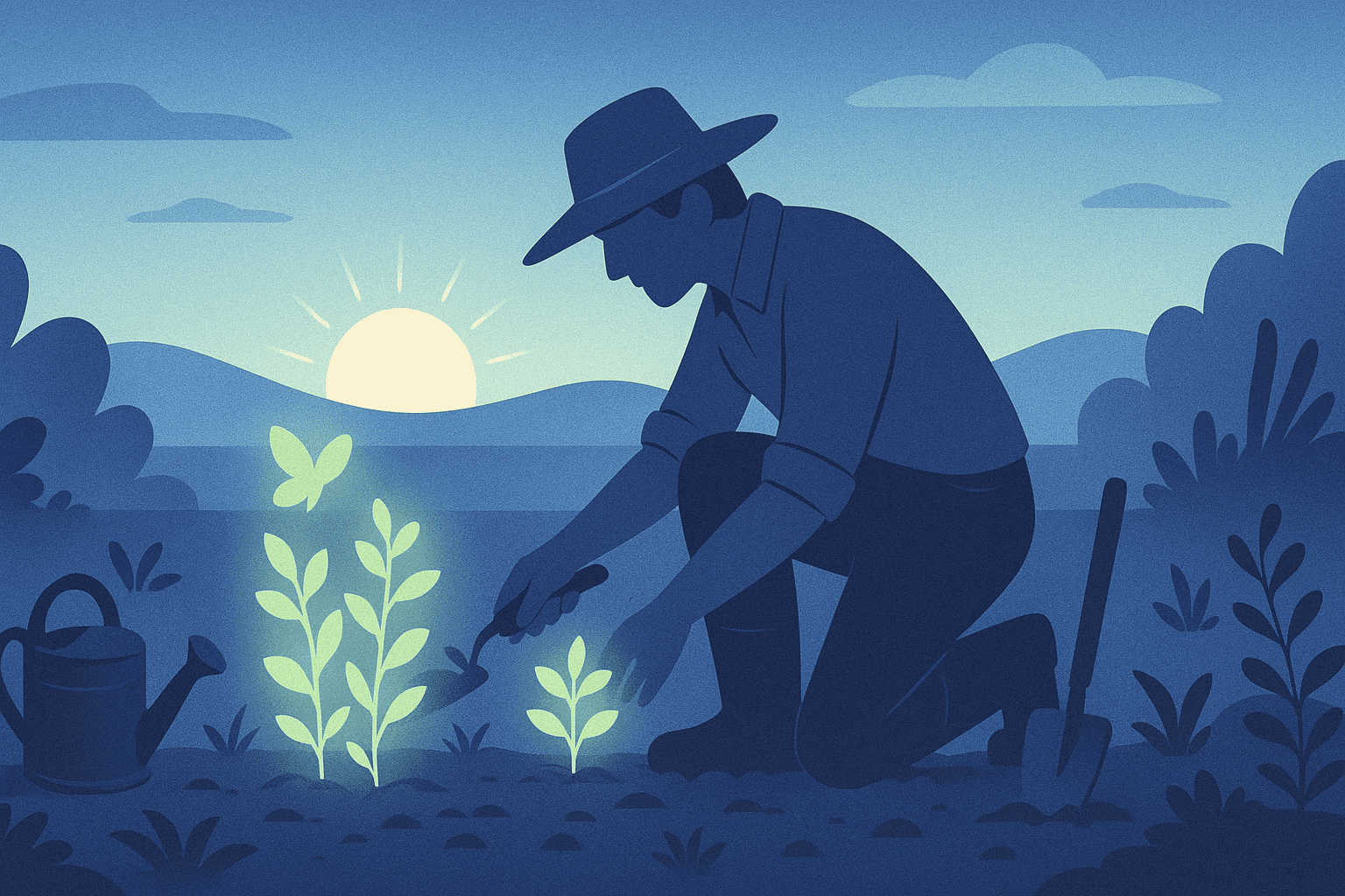 A farmer tending to plants as the sun sets
