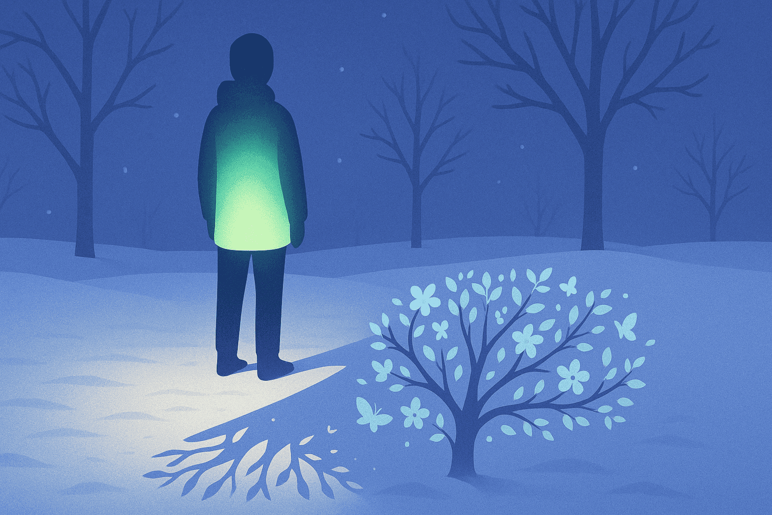 A dark wintry scene with a character emanating light