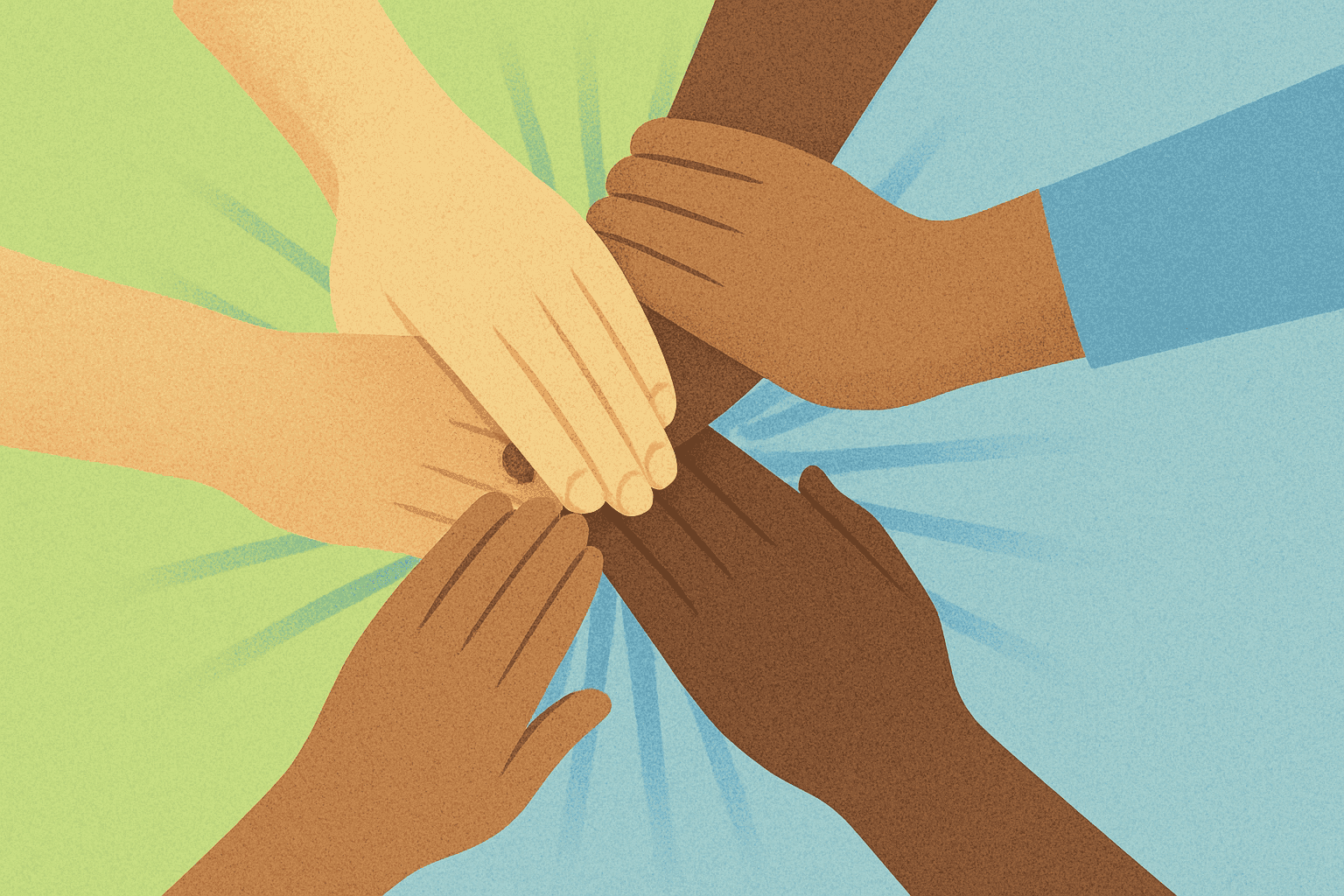 Hands reaching in from all directions to overlap in the center