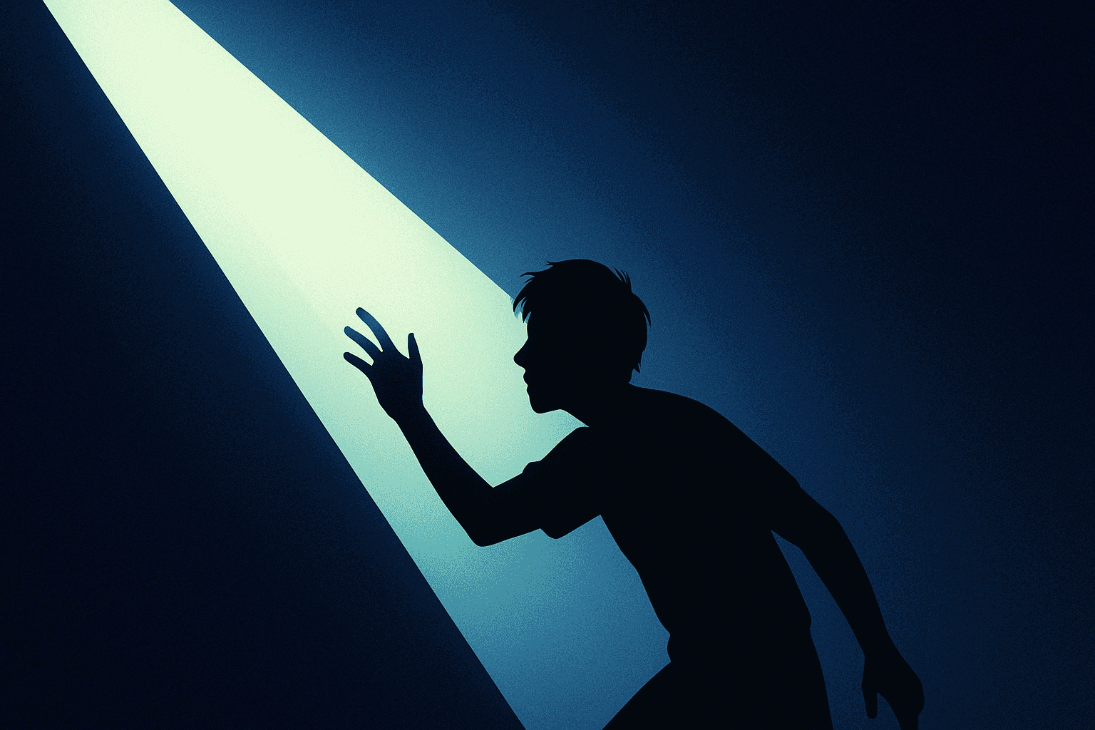 An image of a beam of light illuminating someone in the darkness