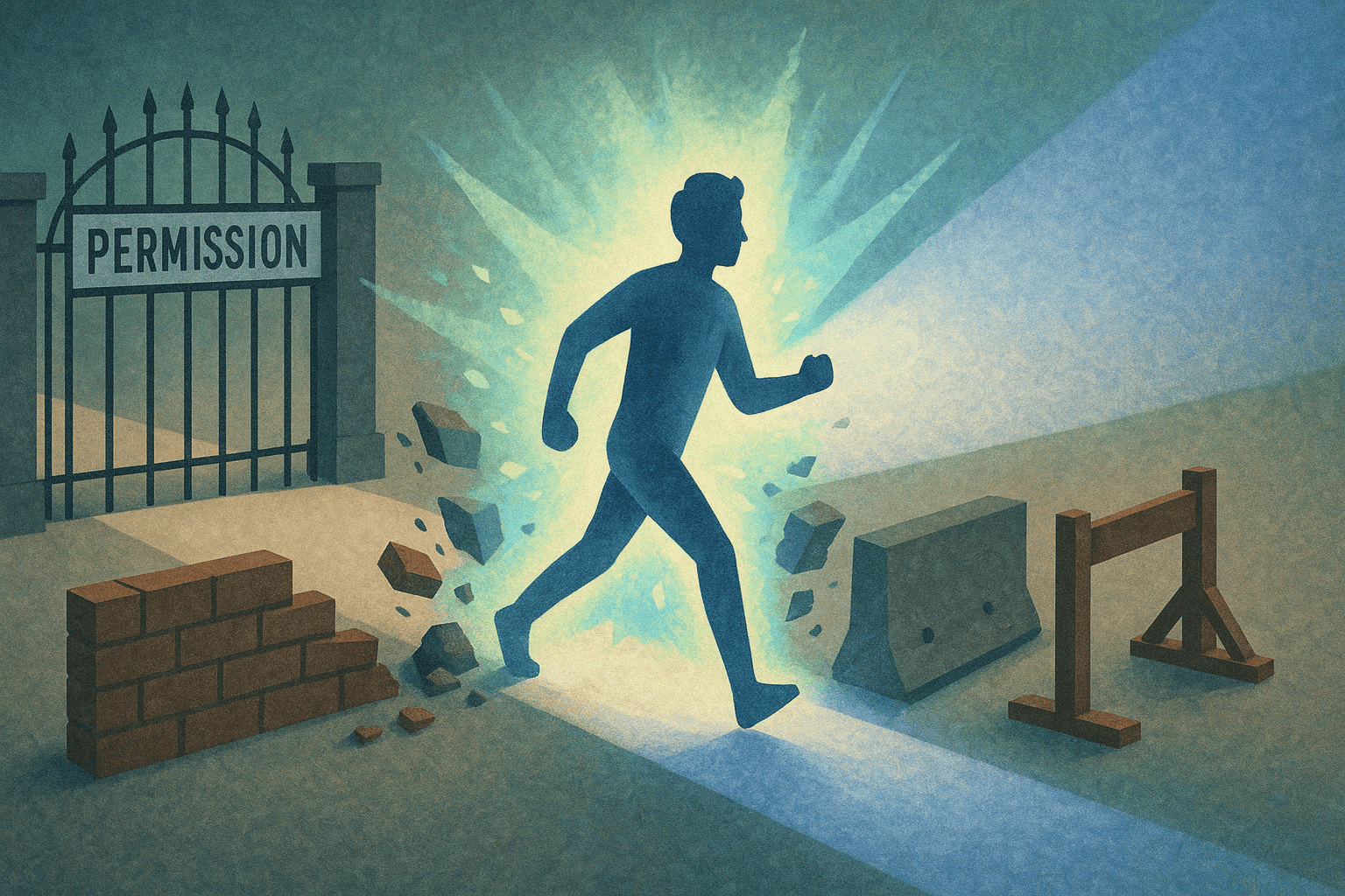 A glowing person breaking through all impediments in their way